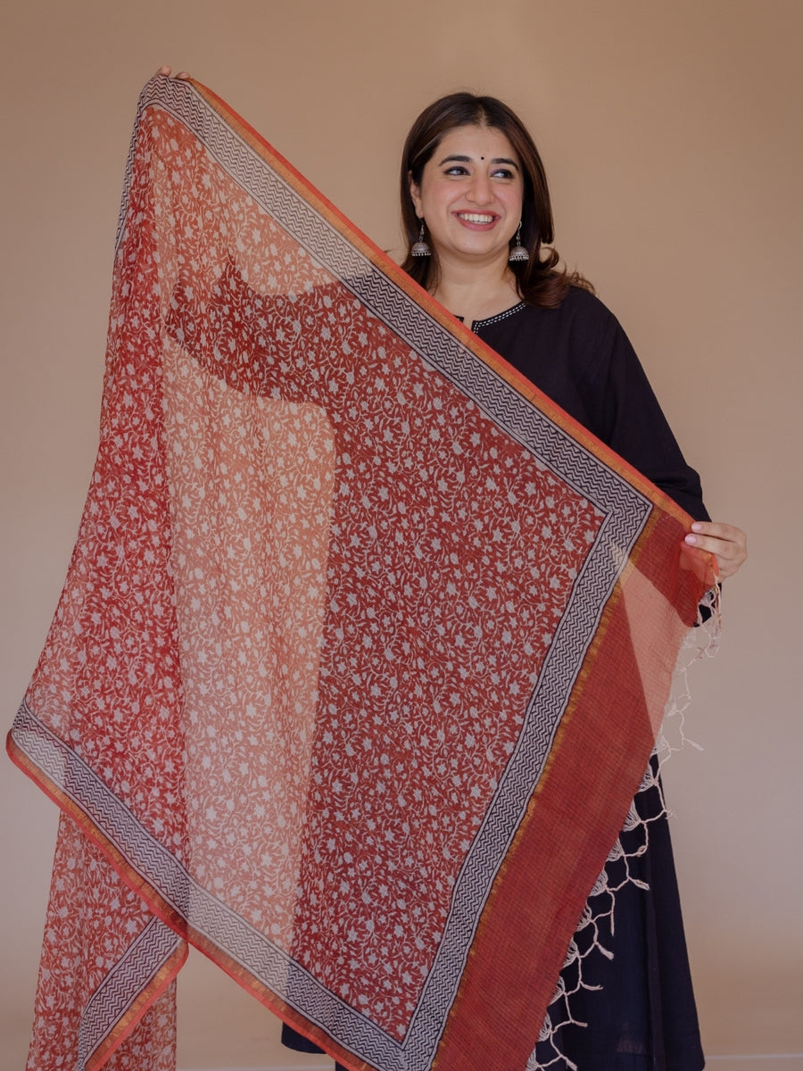 Red Jaal Bagru Kota Doria Cotton Dupatta