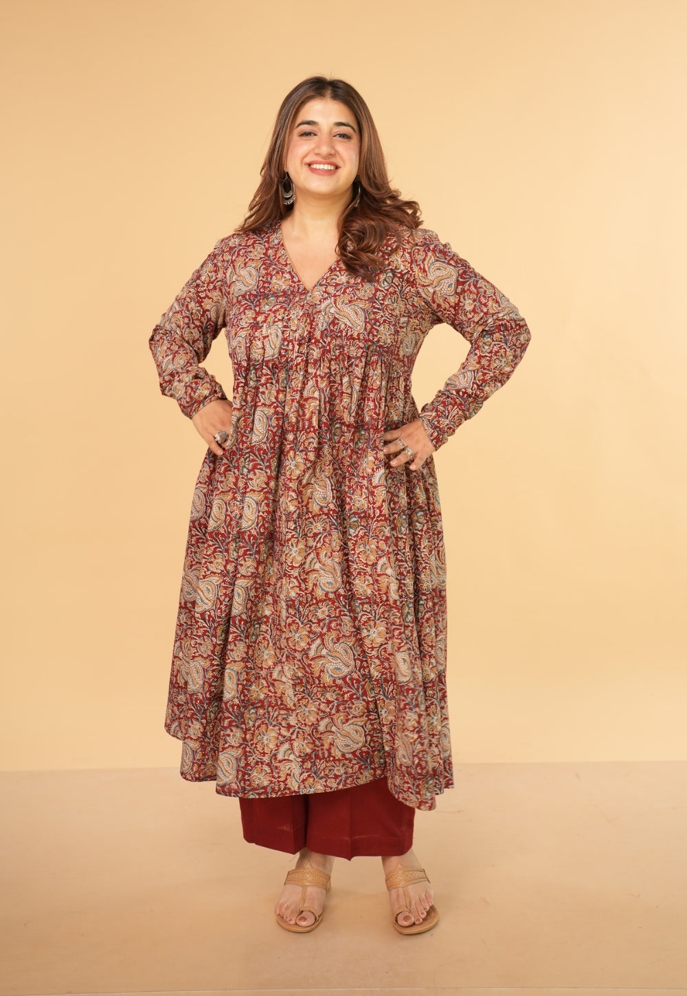 Farha Red Kalamkari Cotton A Line Kurta