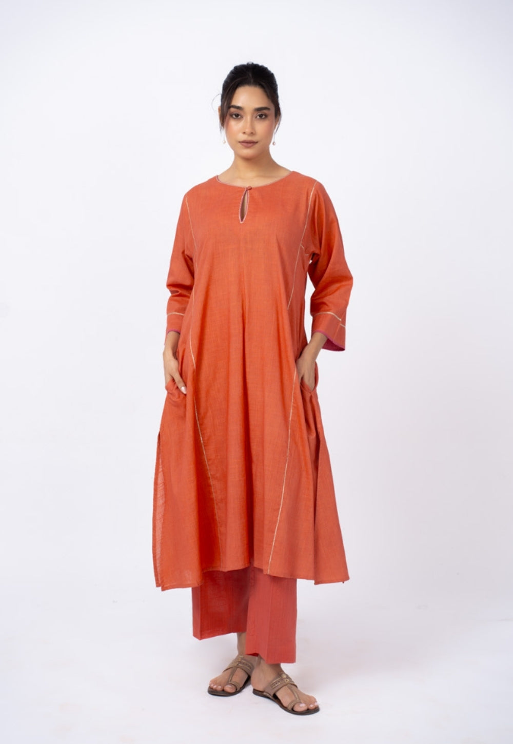 Adhya Orange Solid Slub Cotton Jhabbha Kali Kurta Suit Set with Printed Dupatta (Set of 3)