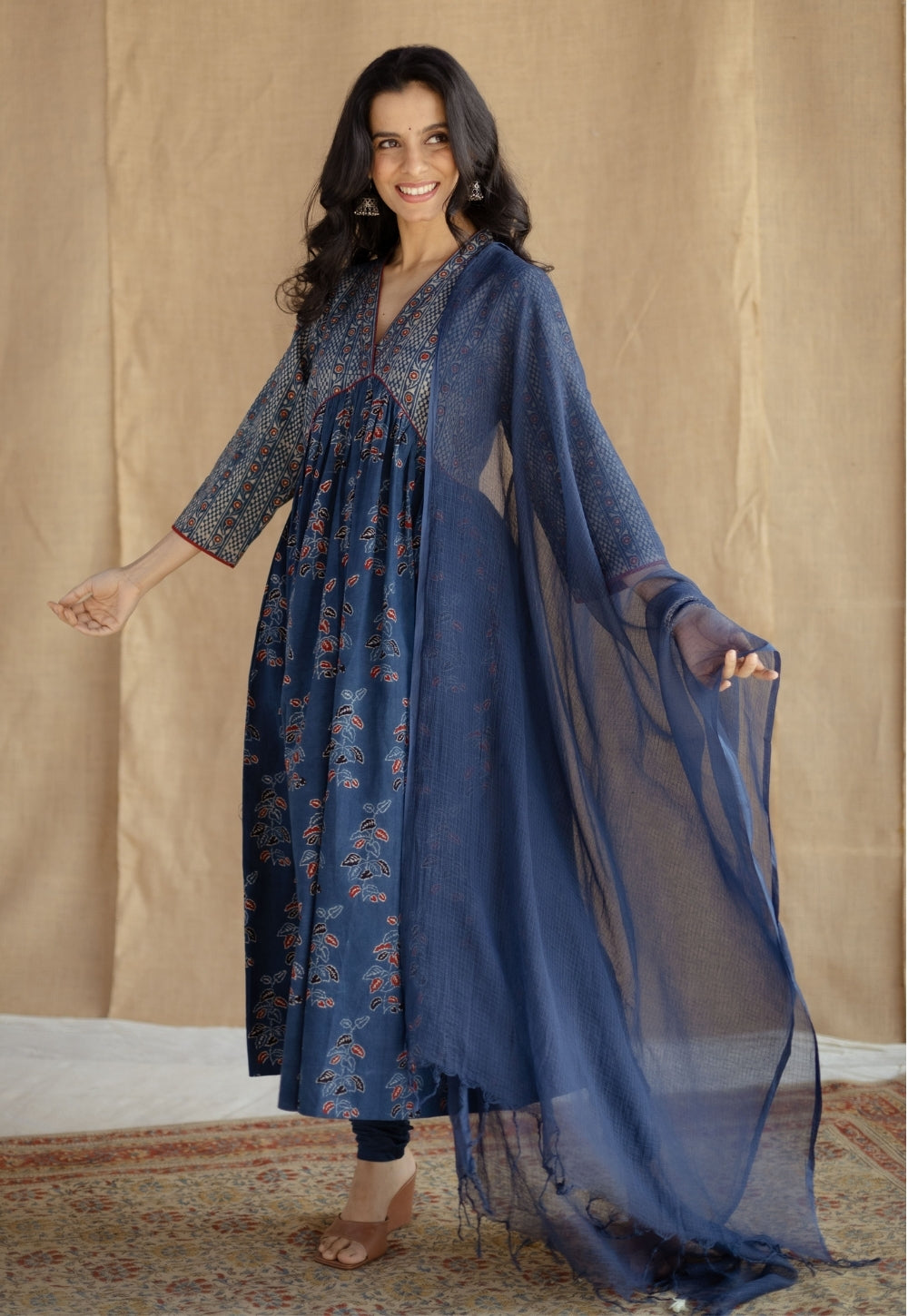 Kriti Indigo Ajrakh Cotton A Line Kurta with Hand Embroidery