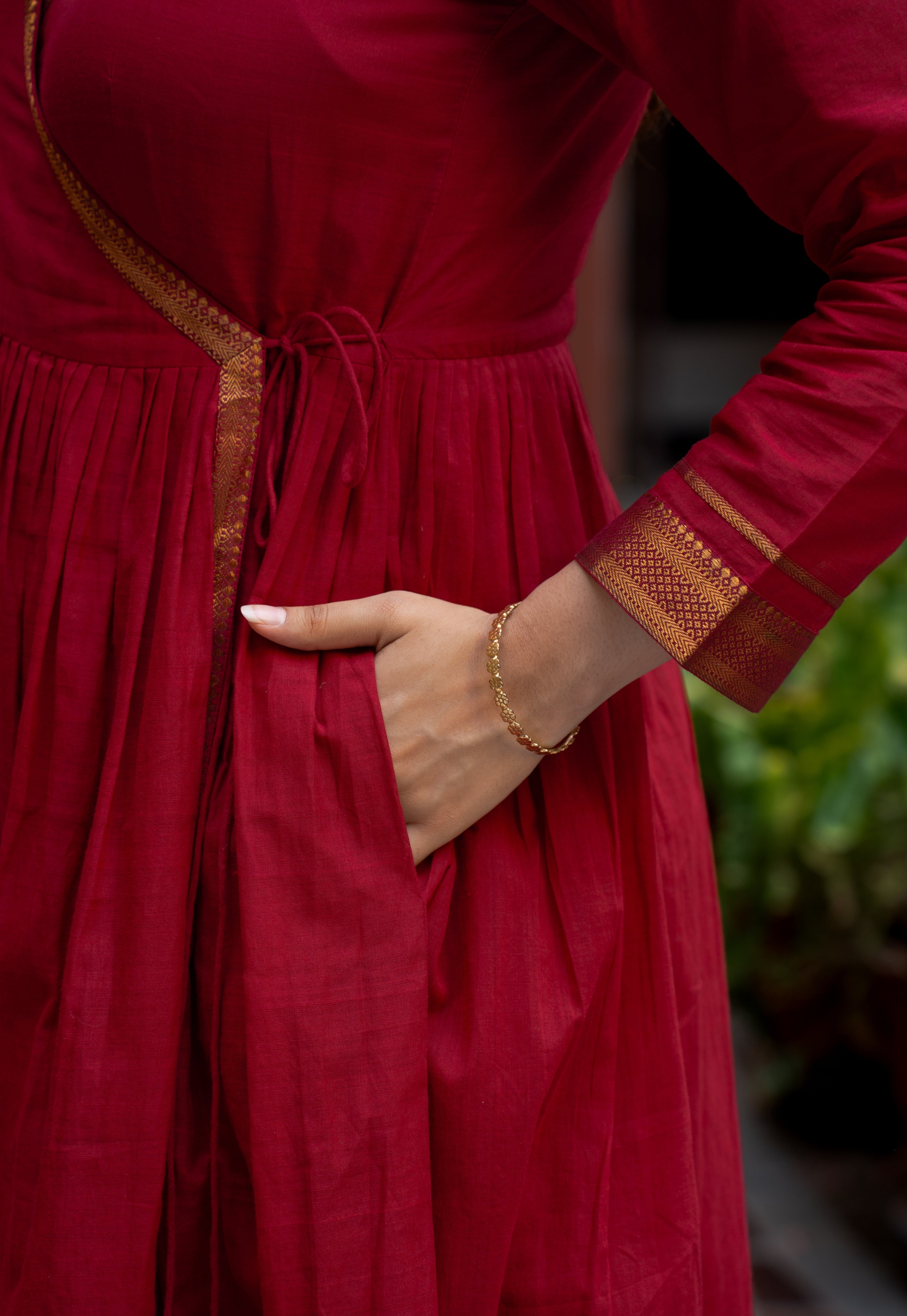 Jina Red Mangalgiri Cotton Angarakha Kurta with Nizam Border