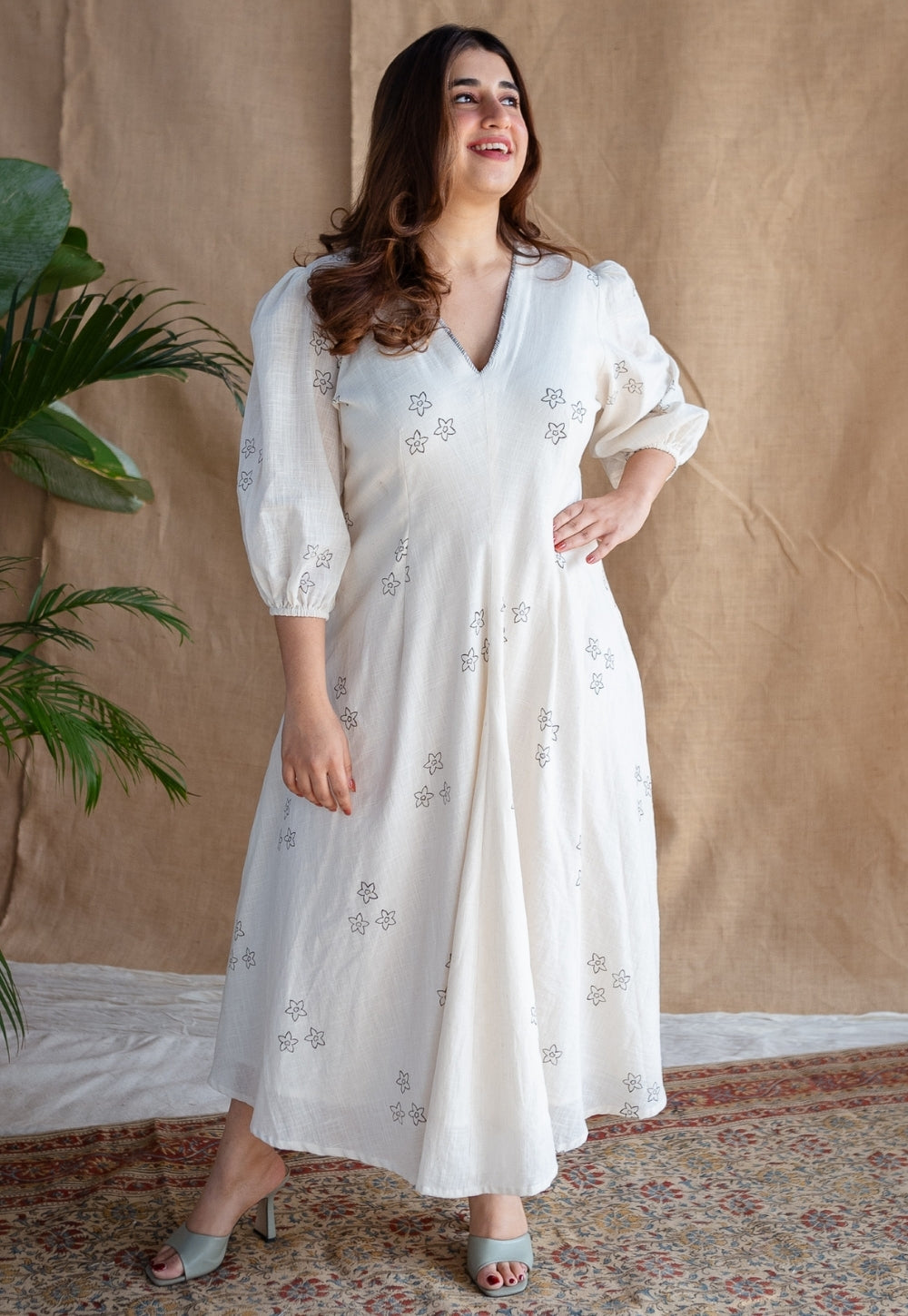 knee length dresses for ladies Eyza Dabu Slub Cotton Hand Embroidered Dress