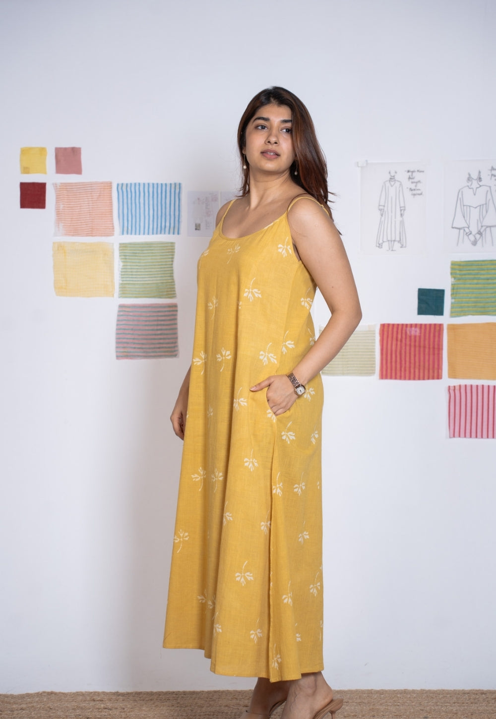 Viaana Yellow Dabu Slub Cotton A Line Dress