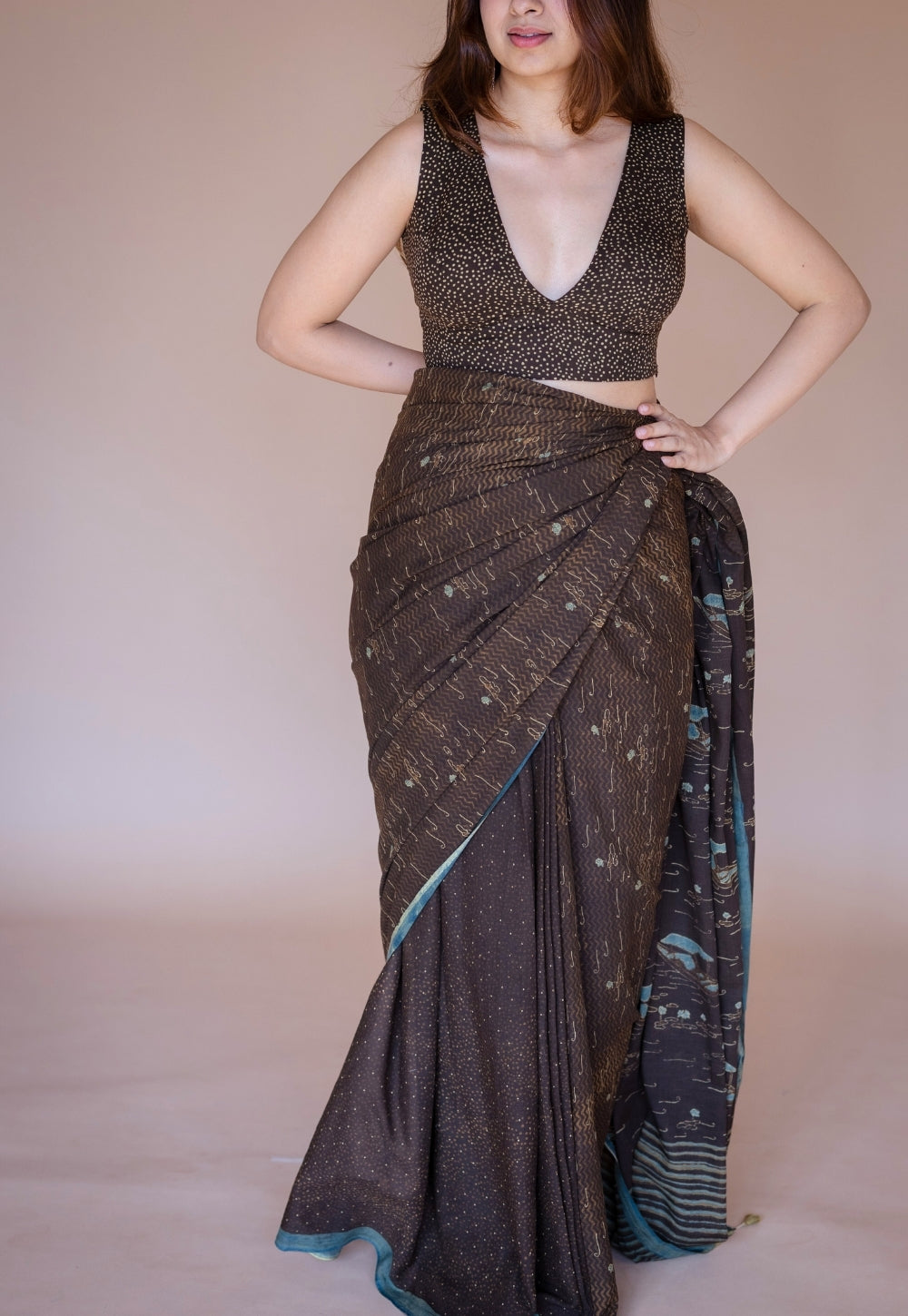 Brown Boat Ajrakh Hand Block Print Mul Saree