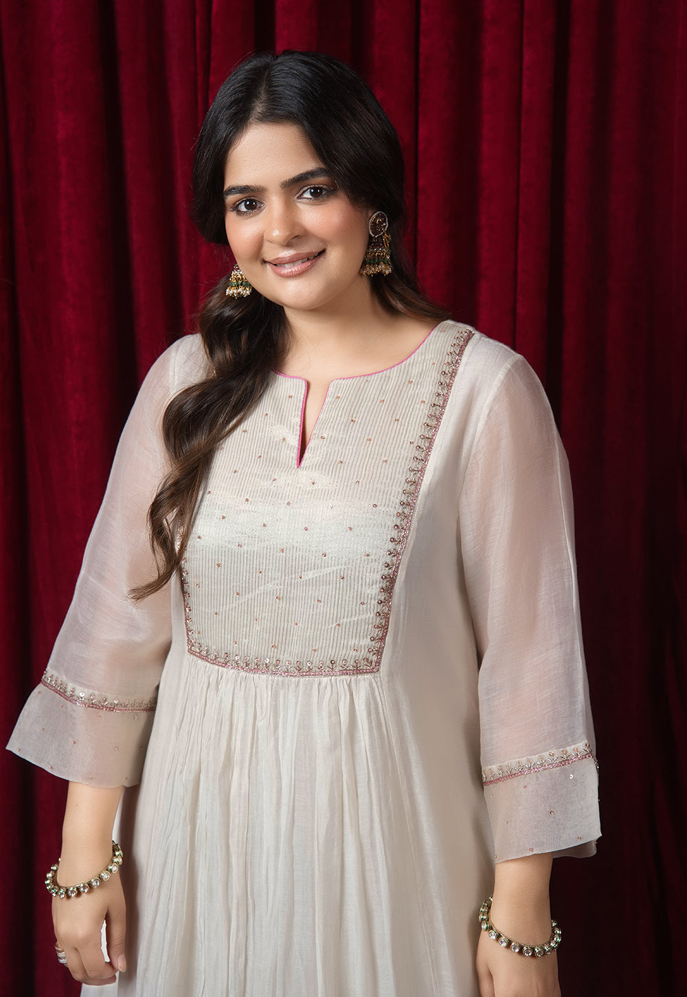 Jivika White Solid Chanderi Silk Kali Kurta with Hand Embrodiery