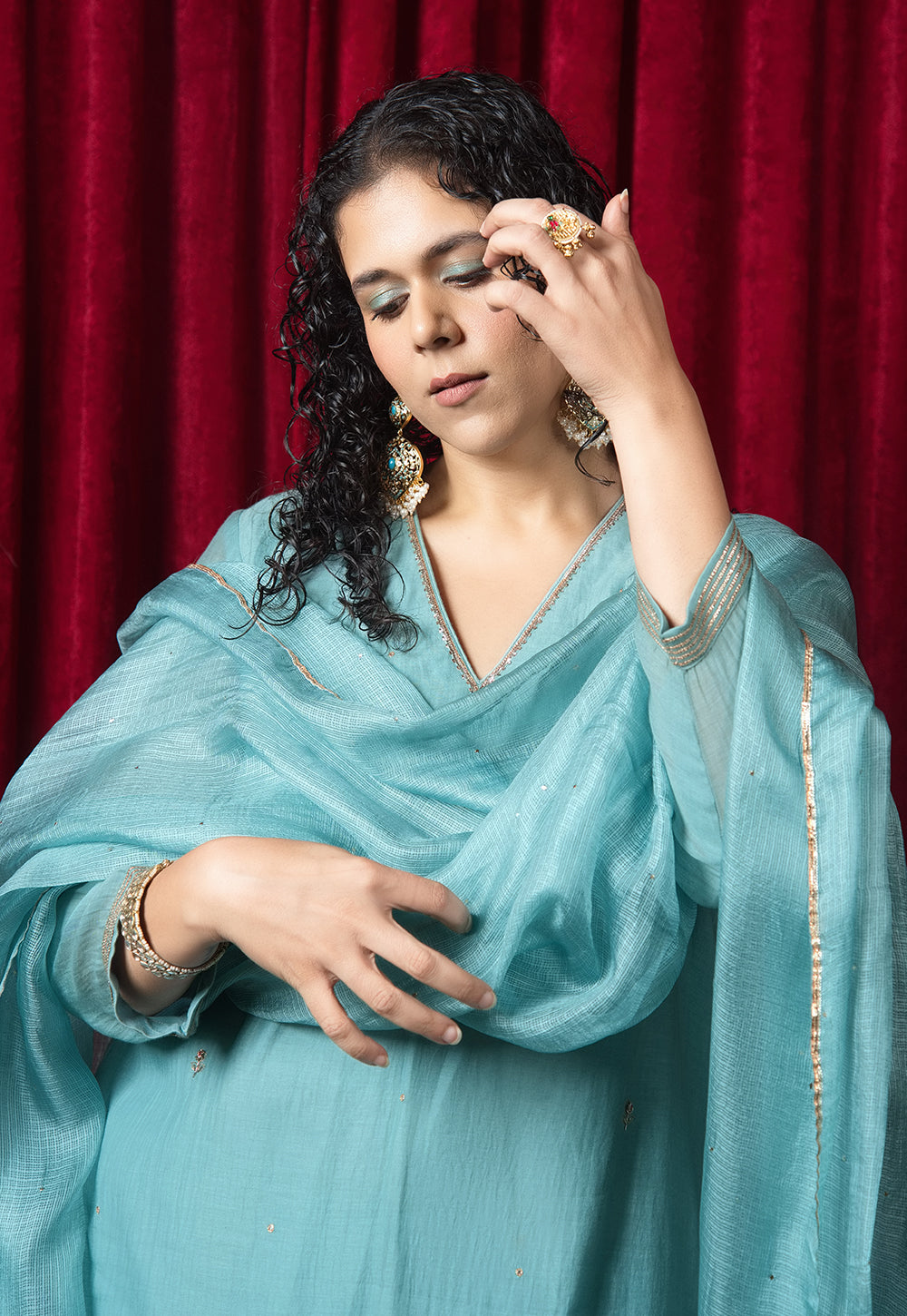 Blue Solid Kota Doria Silk Dupatta with Mukaish Embroidery