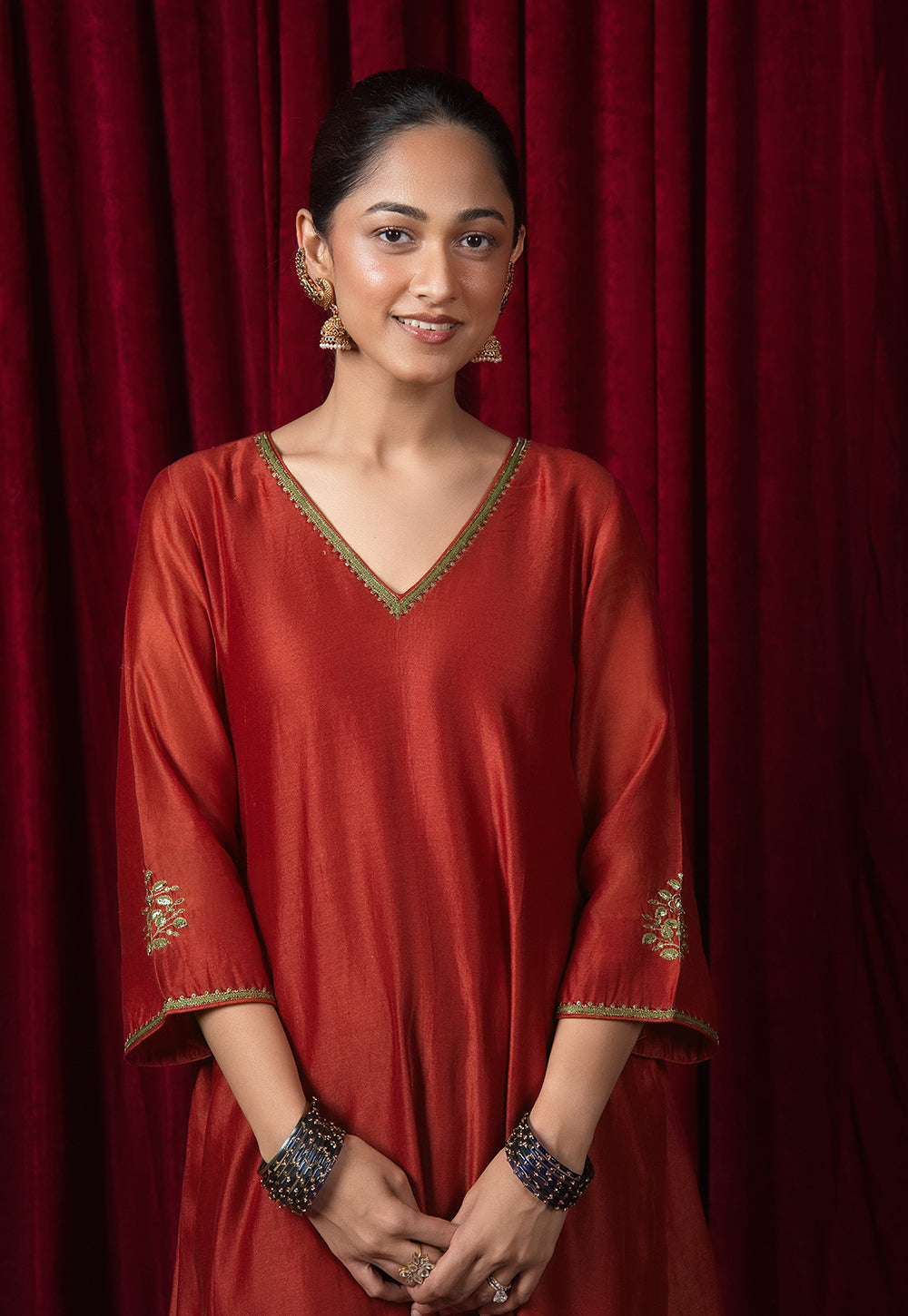 Amita Red Solid Chanderi Silk A Line kurta with Hand Embroidery