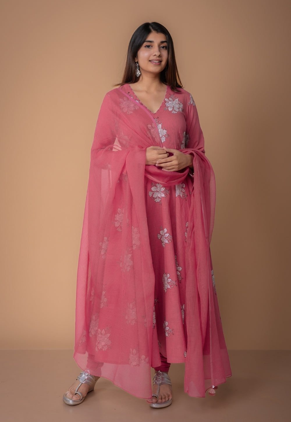 Ruvika Pink Dabu Slub Cotton A Line Kurta