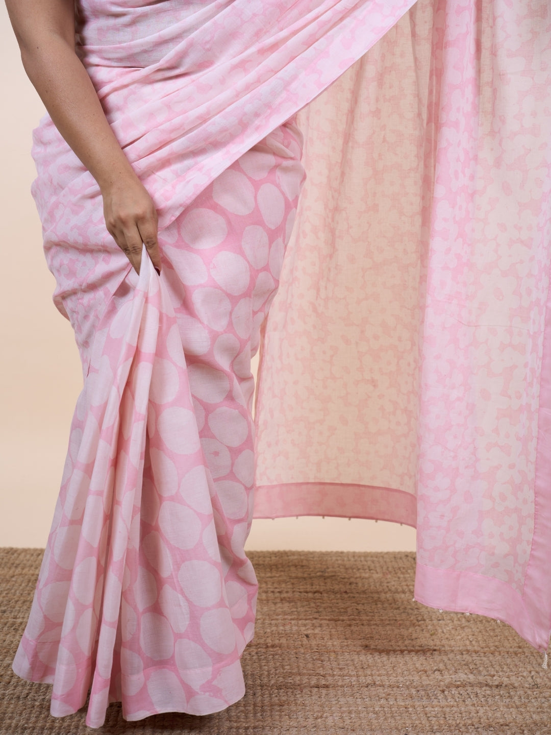 Mira Pink Batik Hand Block Print Mul Cotton Saree with Embroidery
