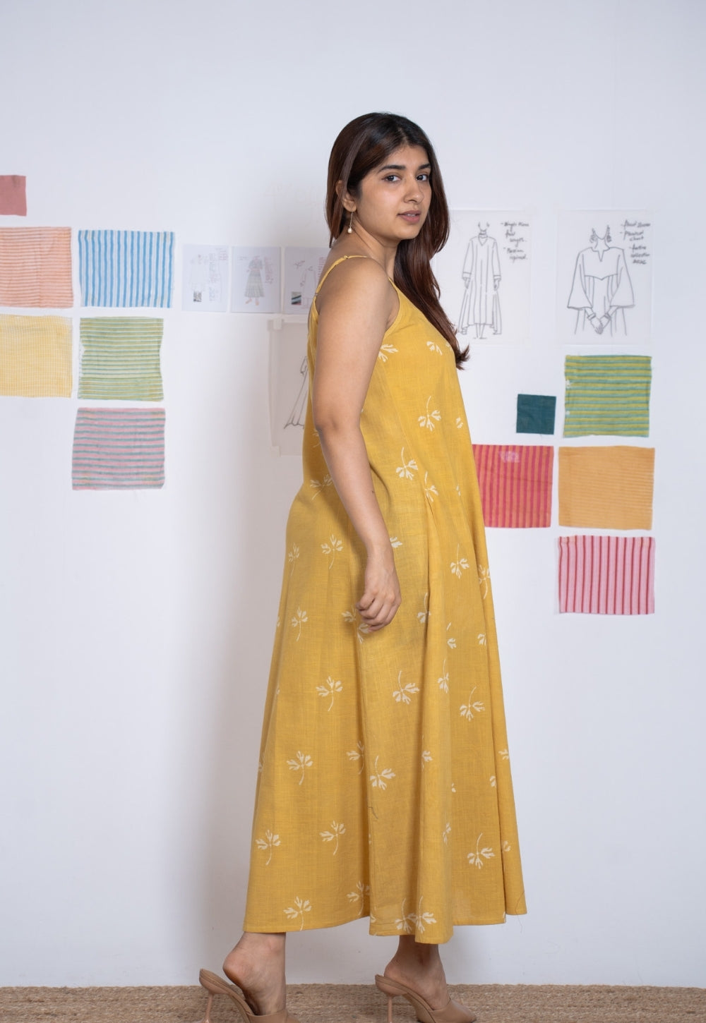 Viaana Yellow Dabu Slub Cotton A Line Dress