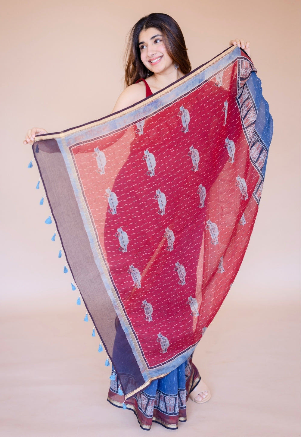 Blue Car Ajrakh Hand Block Print Chanderi Saree