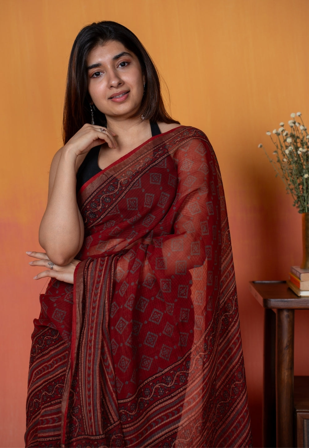 Red Aztec Ajrakh Hand Block Print Kota Doria Cotton Saree