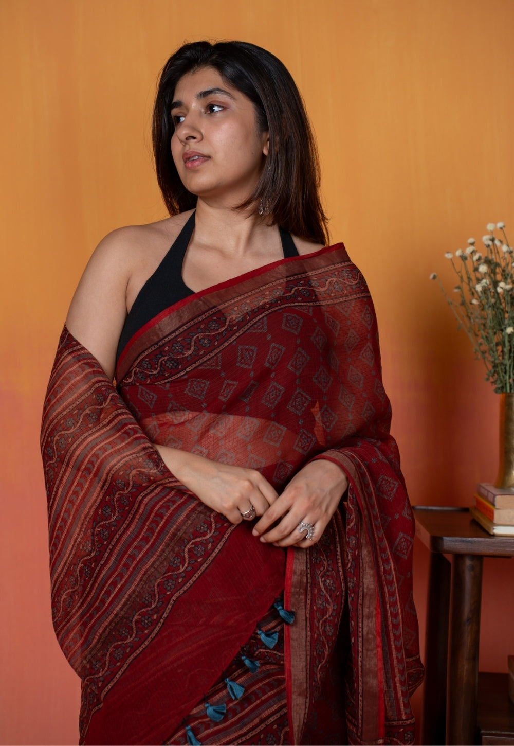 Red Aztec Ajrakh Hand Block Print Kota Doria Cotton Saree