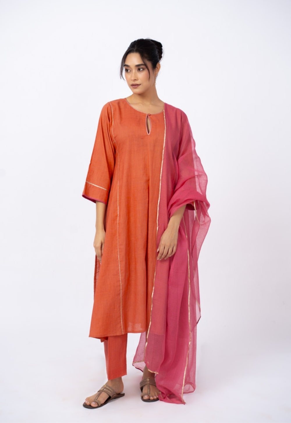 Adhya Orange Solid Slub Cotton Jhabbha Kali Kurta Suit Set with Solid Dupatta (Set of 3)