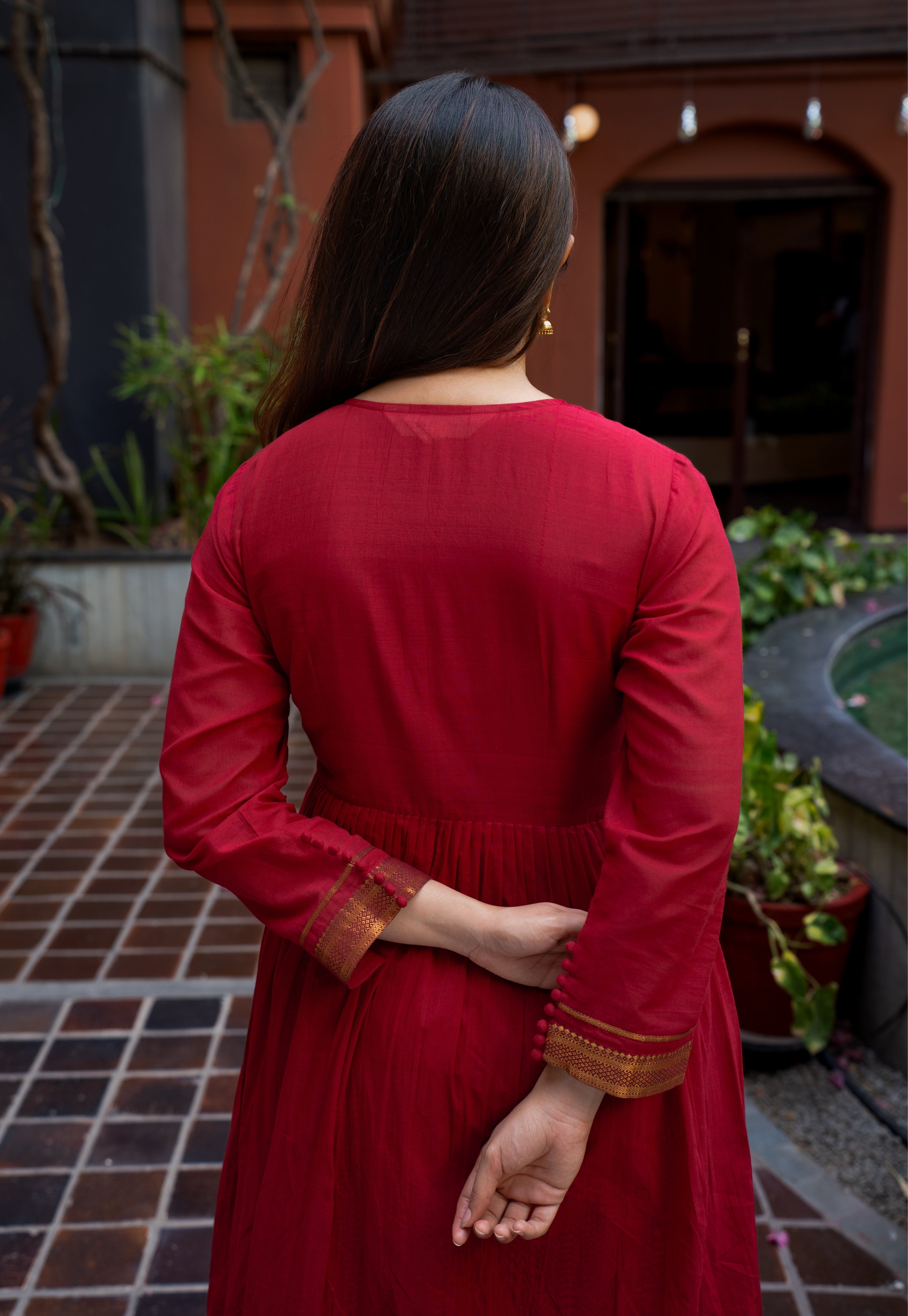 Jina Red Mangalgiri Cotton Angarakha Kurta with Nizam Border