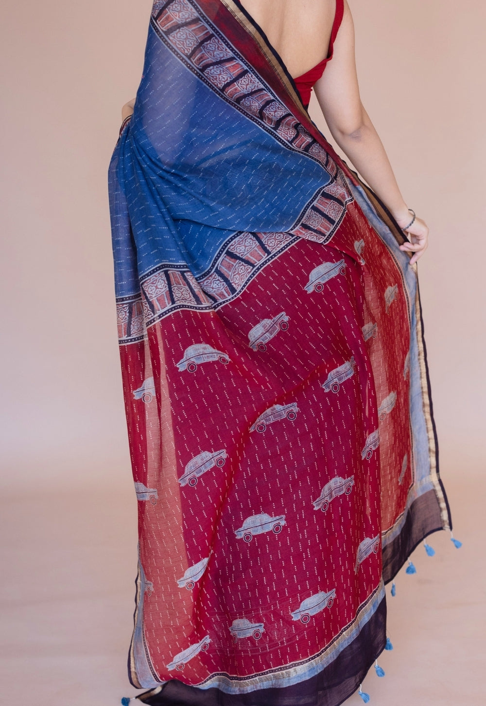 Blue Car Ajrakh Hand Block Print Chanderi Saree