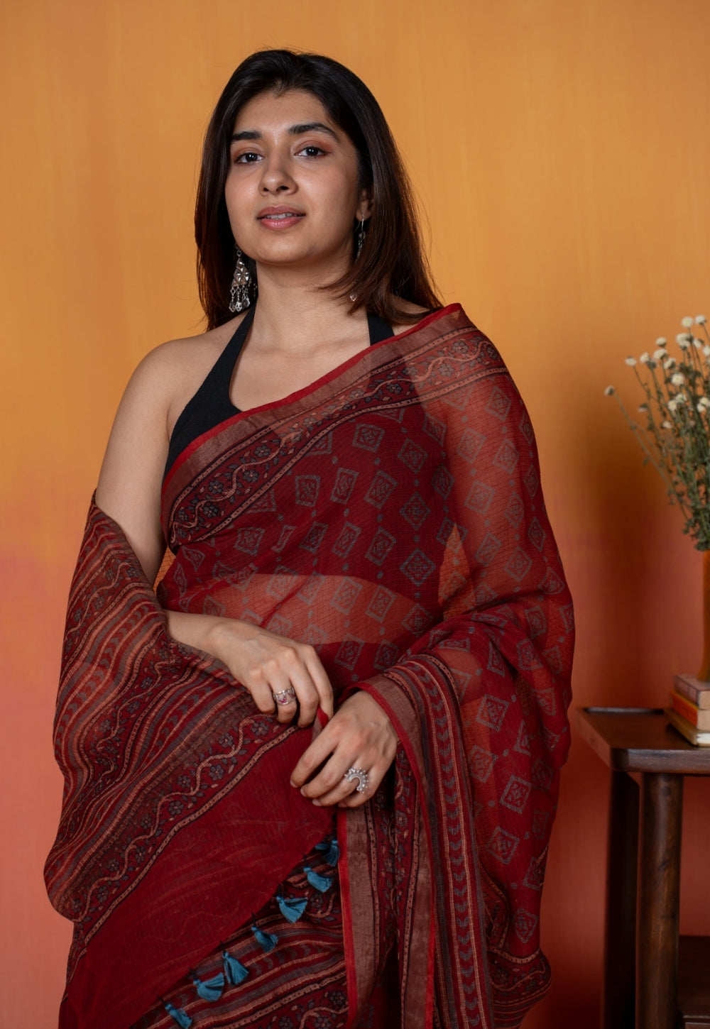 Red Aztec Ajrakh Hand Block Print Kota Doria Cotton Saree