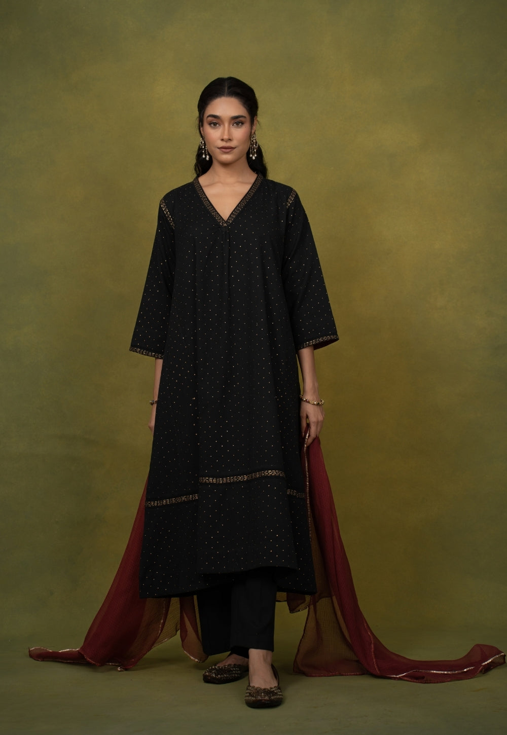 Qainat Black Rogan Handlock Printed Cotton Jhabbha Kali Kurta Suit Set (Set of 3)