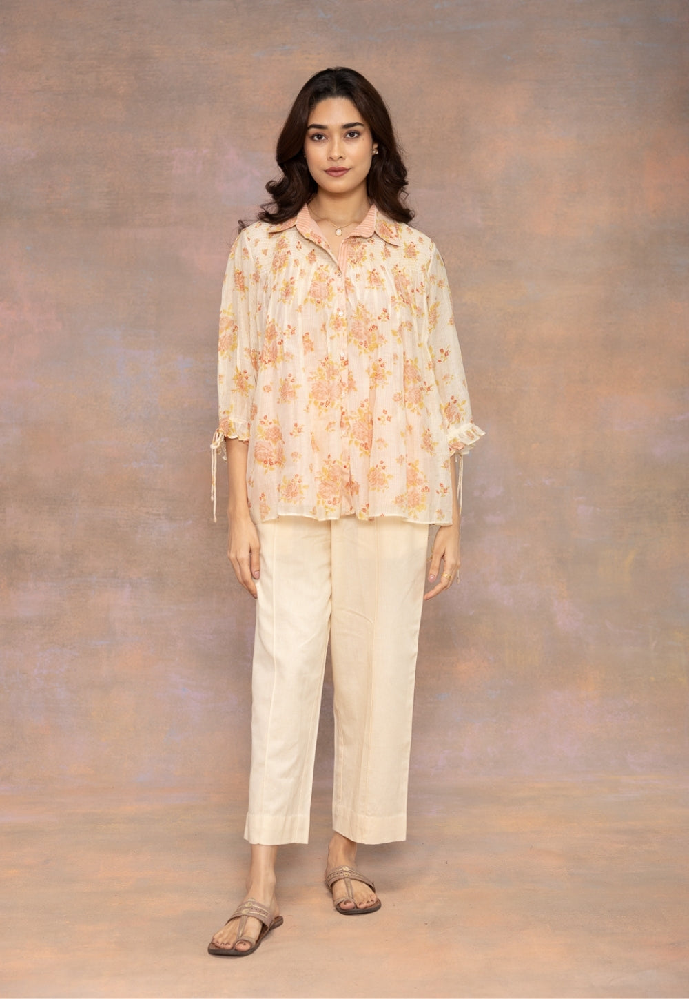 Rozgul Beige Sanganeri Chanderi Silk Straight Shot Top with Hand Embroidery
