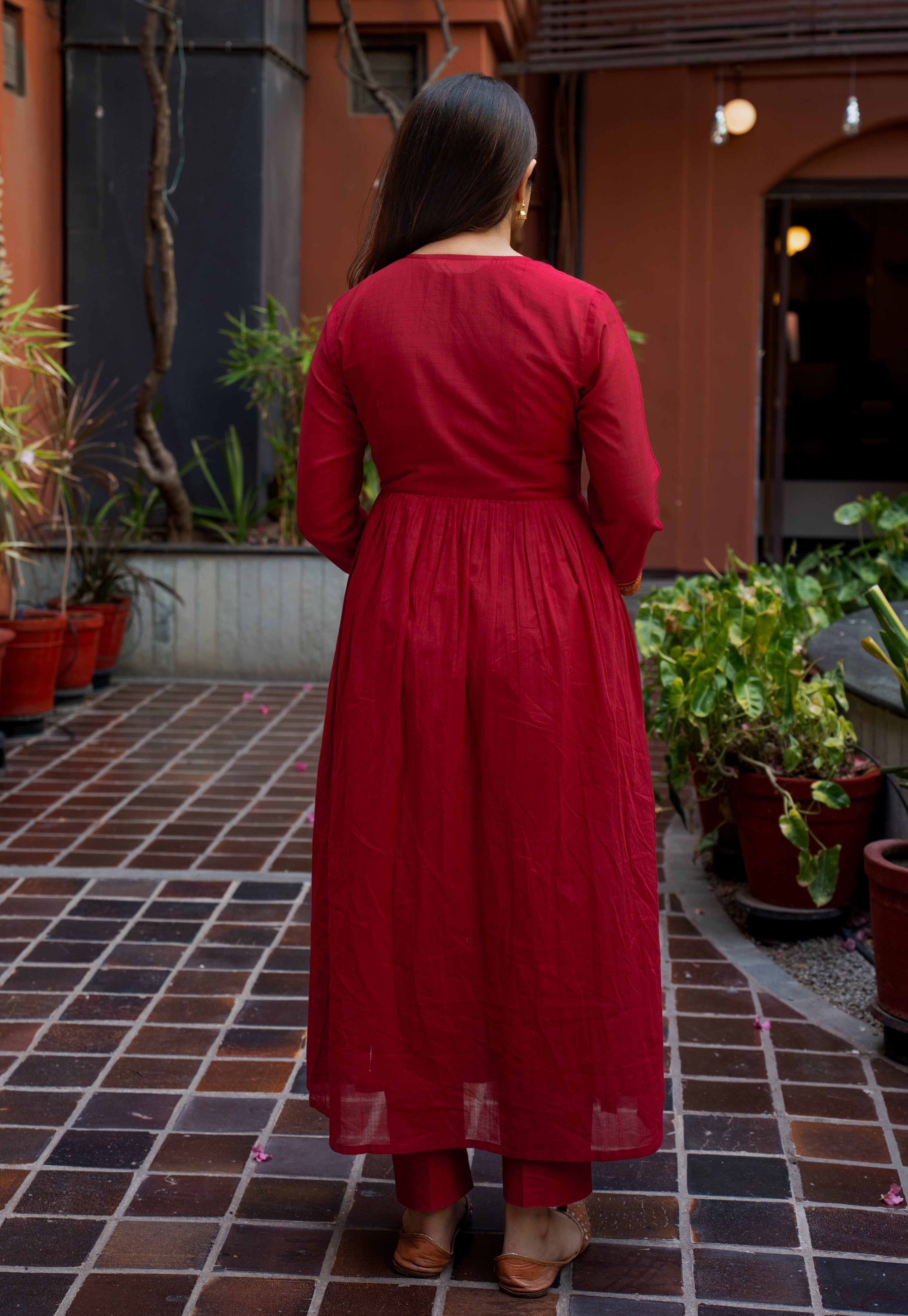 Jina Red Mangalgiri Cotton Angarakha Kurta with Nizam Border