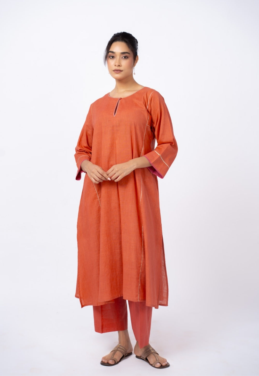 Adhya Orange Solid Slub Cotton Jhabbha Kali Kurta Suit Set with Printed Dupatta (Set of 3)