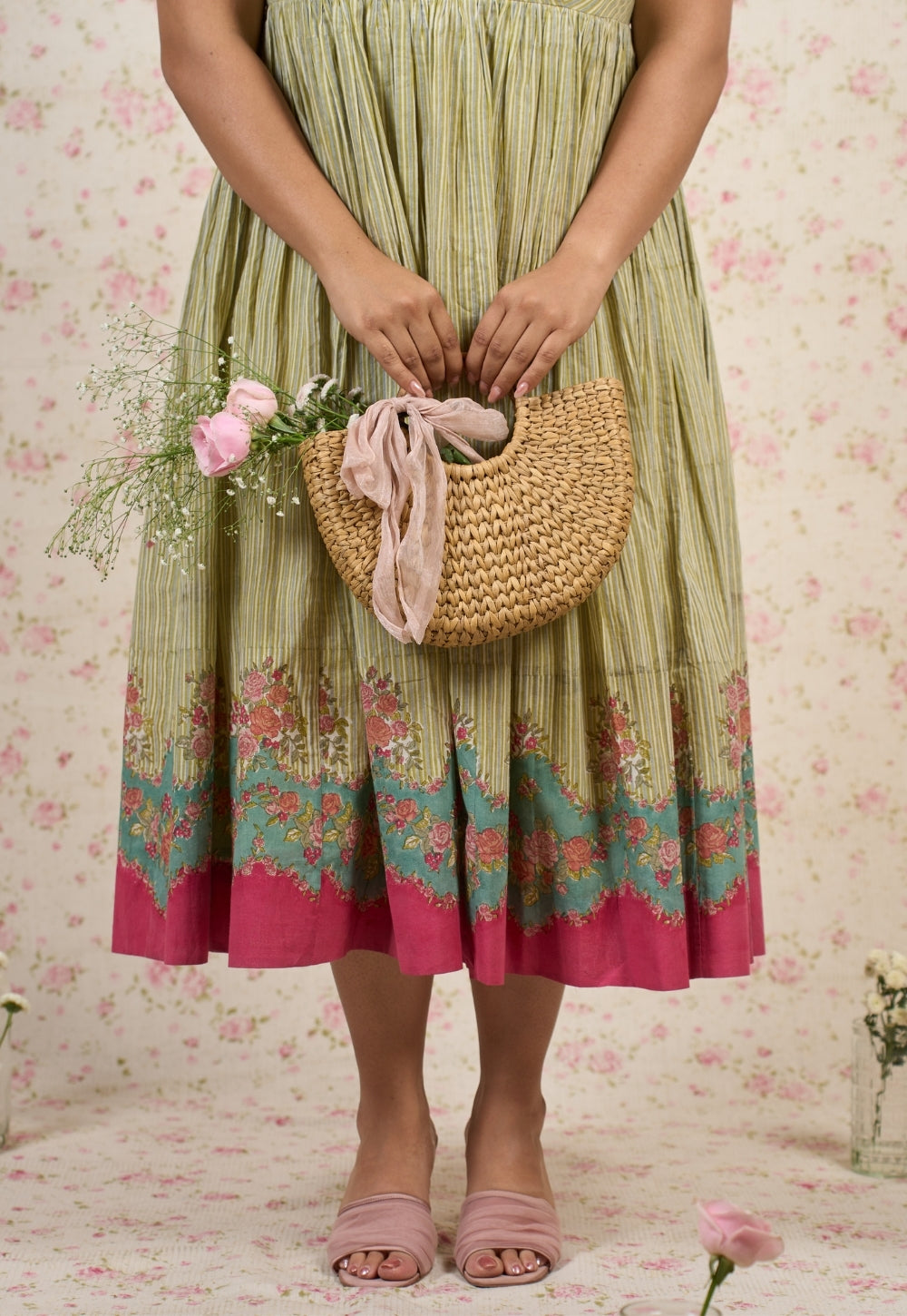 Fleur Green Sanganeri Mul Cotton A Line Dress