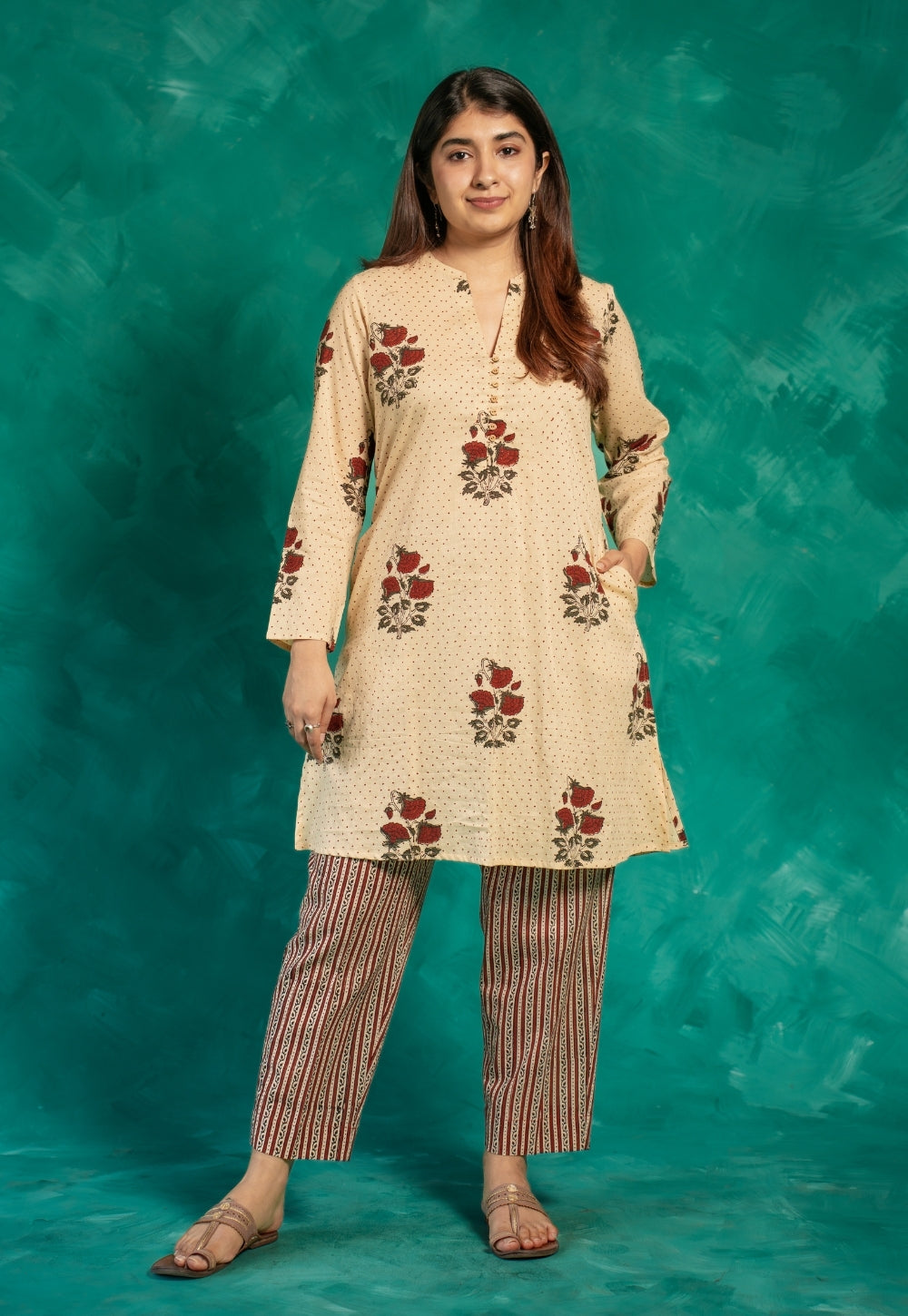 Insiya Beige Bagru Cotton Straight Short Top