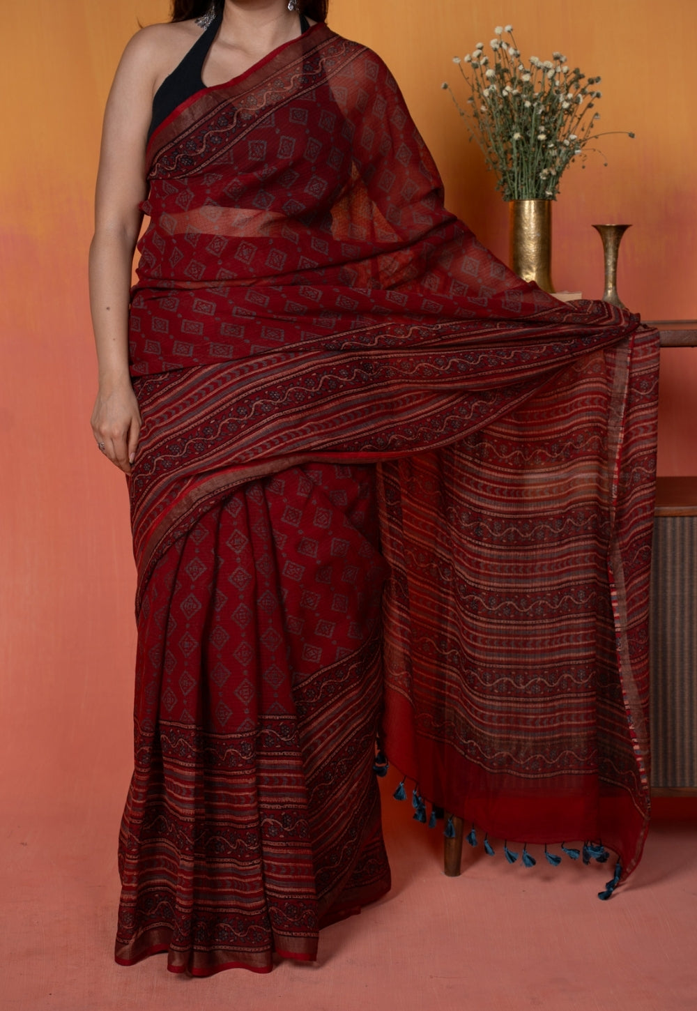 Red Aztec Ajrakh Hand Block Print Kota Doria Cotton Saree