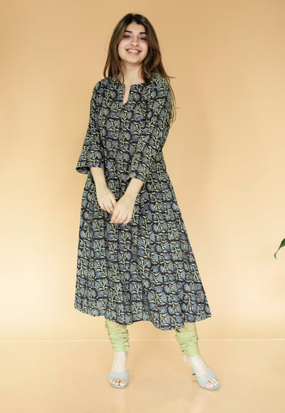 Malika Black Ajrakh Cotton Kali Kurta