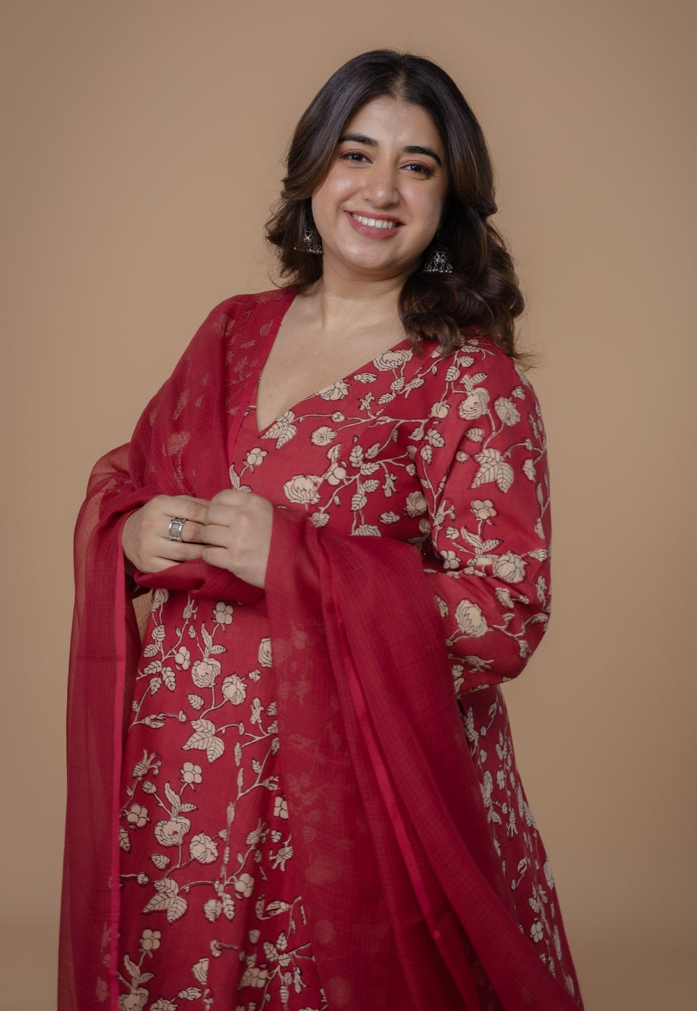 Red Solid Kota Doria Dupatta with Tassels