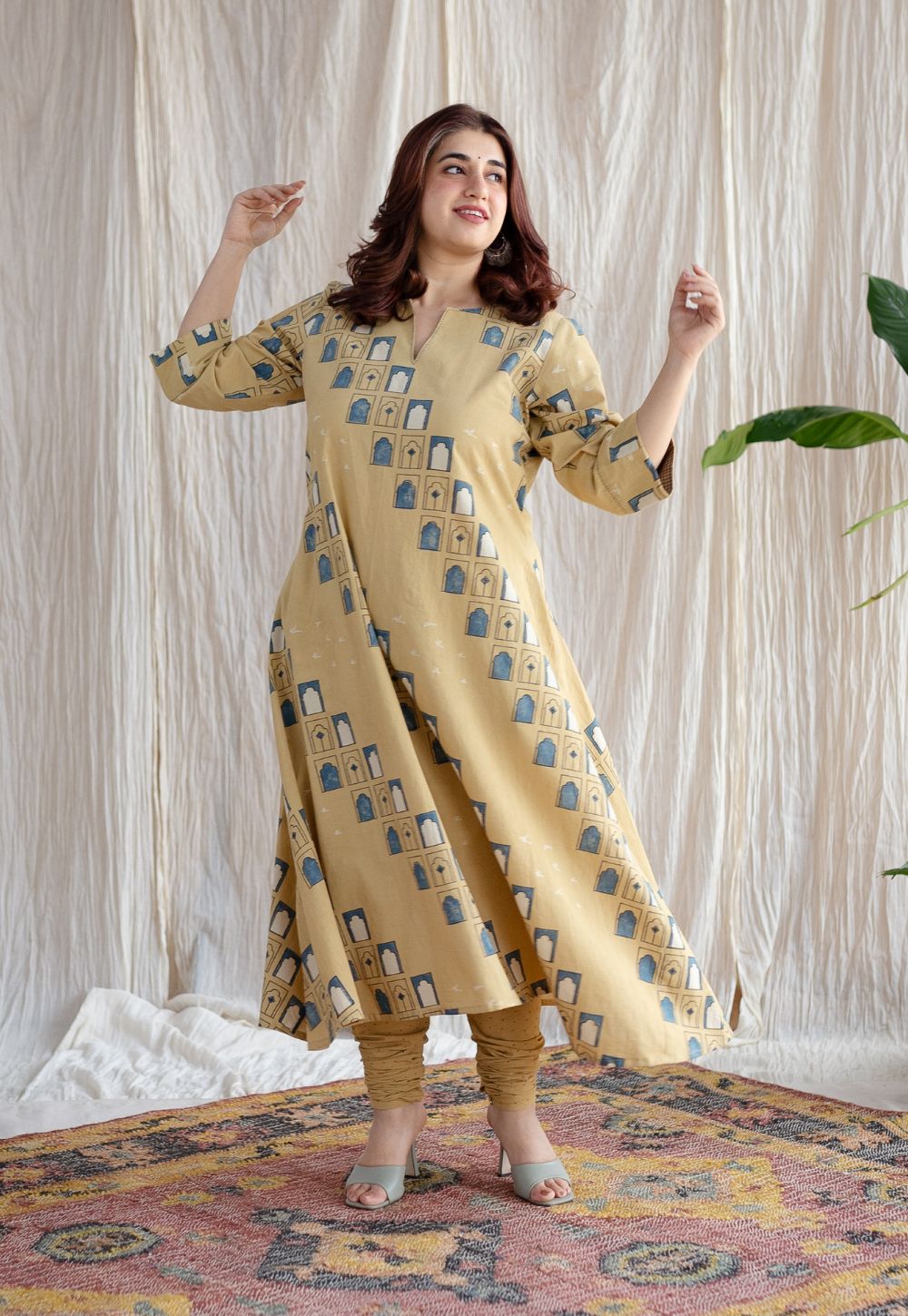 Jaipur Jharoka Ajrakh Cotton Hand Embroidered Kali Kurta