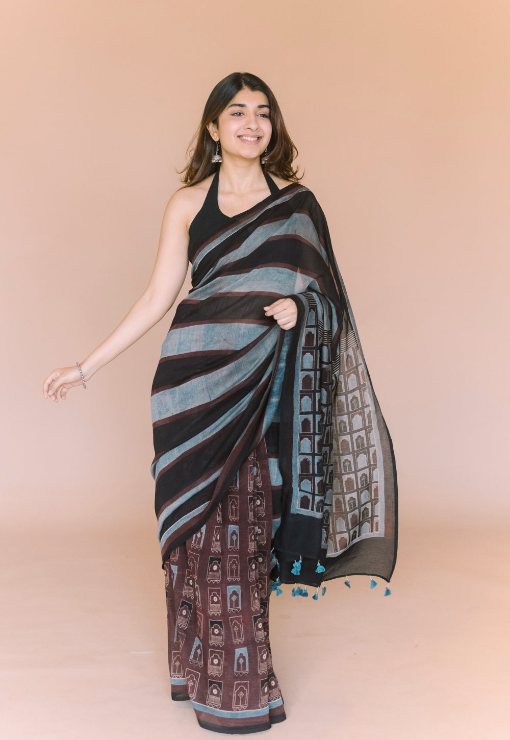 Black Jharoka Ajrakh Hand Block Print Chanderi Saree