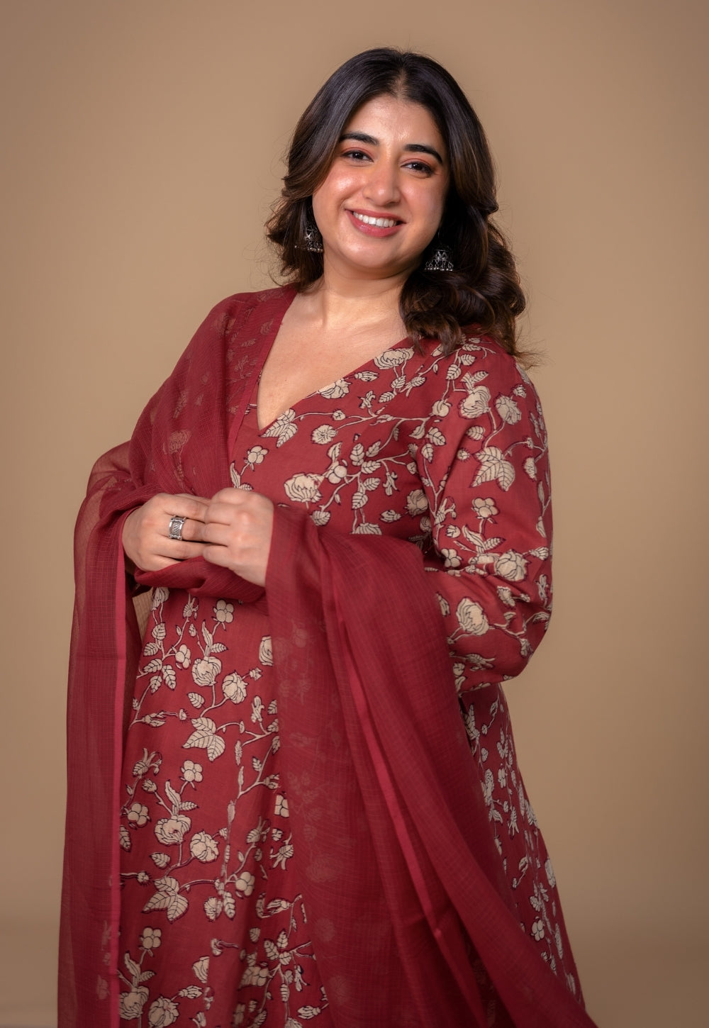 Red Solid Kota Doria Dupatta with Tassels