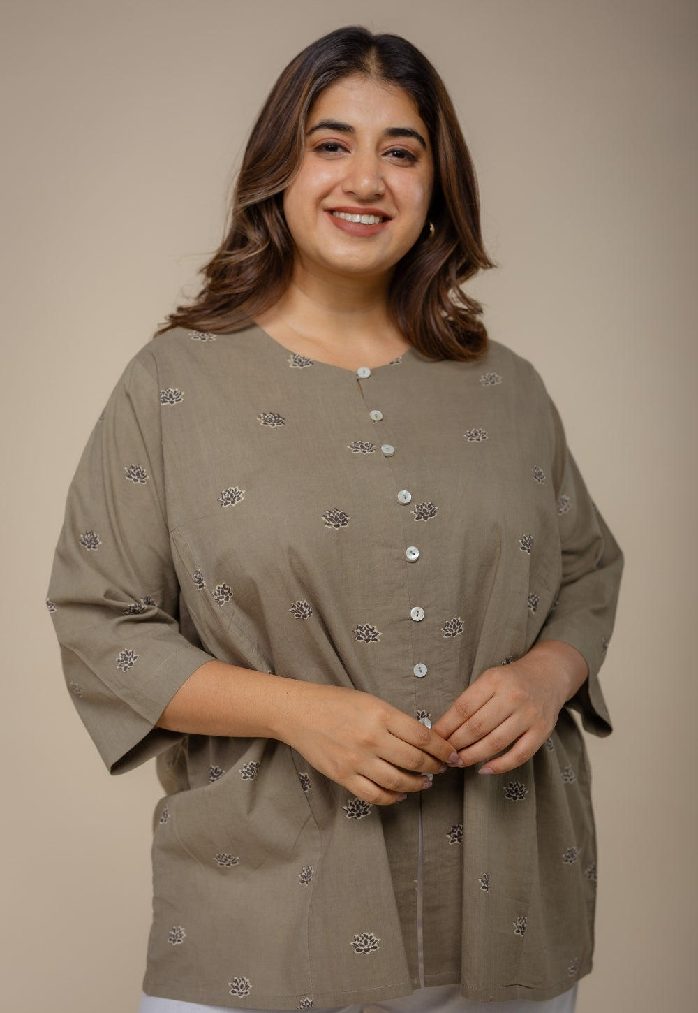 Charvi Grey Ajrakh Cotton Straight Short Top