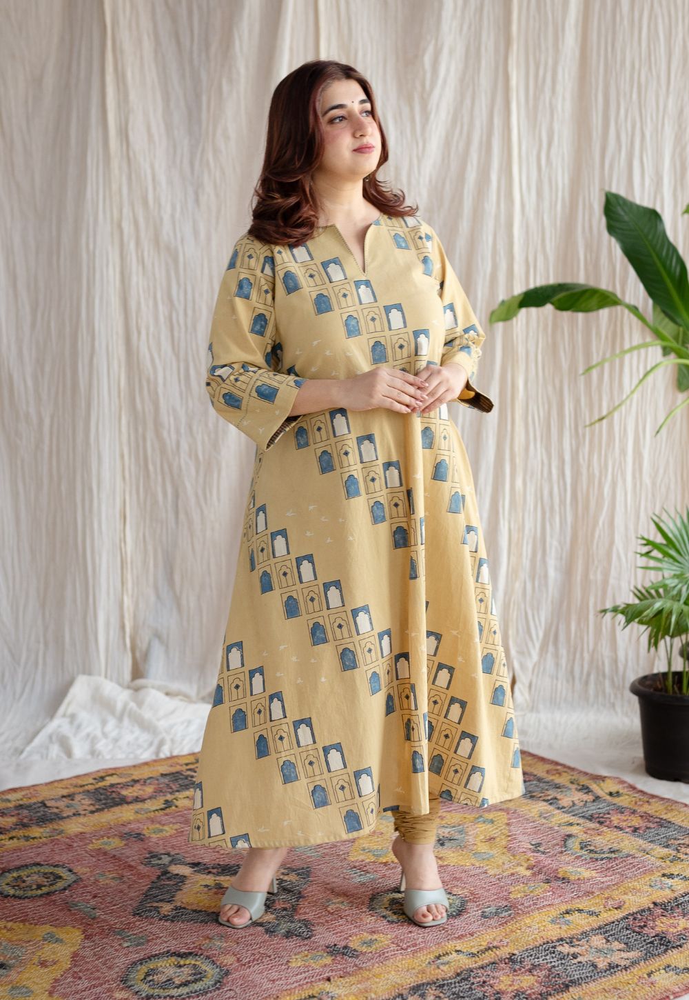 Jaipur Jharoka Ajrakh Cotton Hand Embroidered Kali Kurta