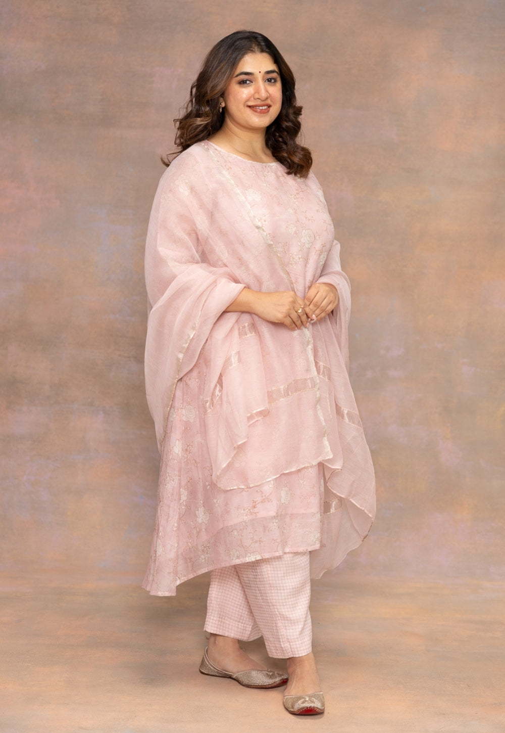 Rose Pink Sanganeri Chanderi Silk A Line Kurta with Mukaish Detailing
