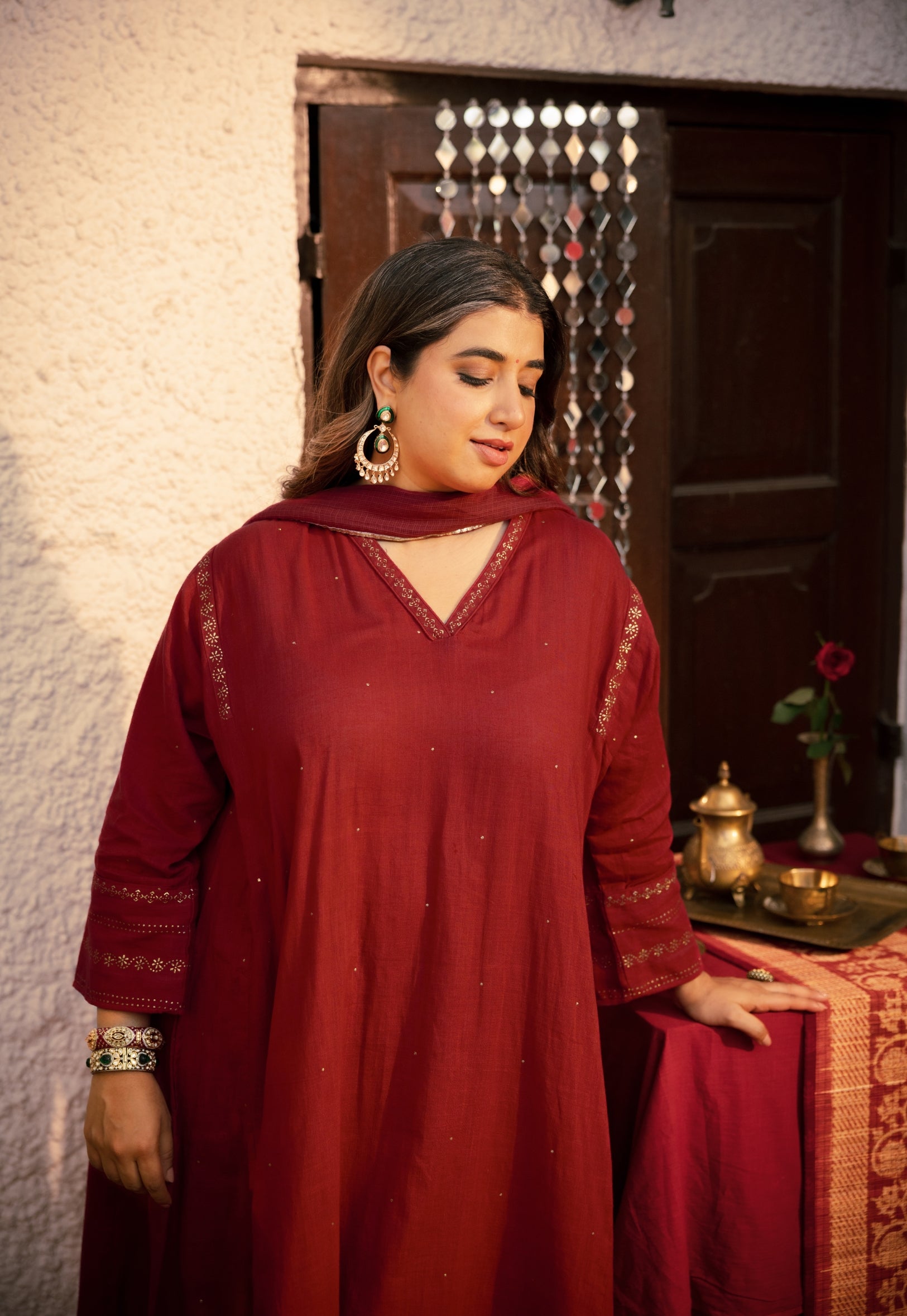 Iqra Red Rogan Handblock Printed Slub Cotton Suit Set (Set of 3)