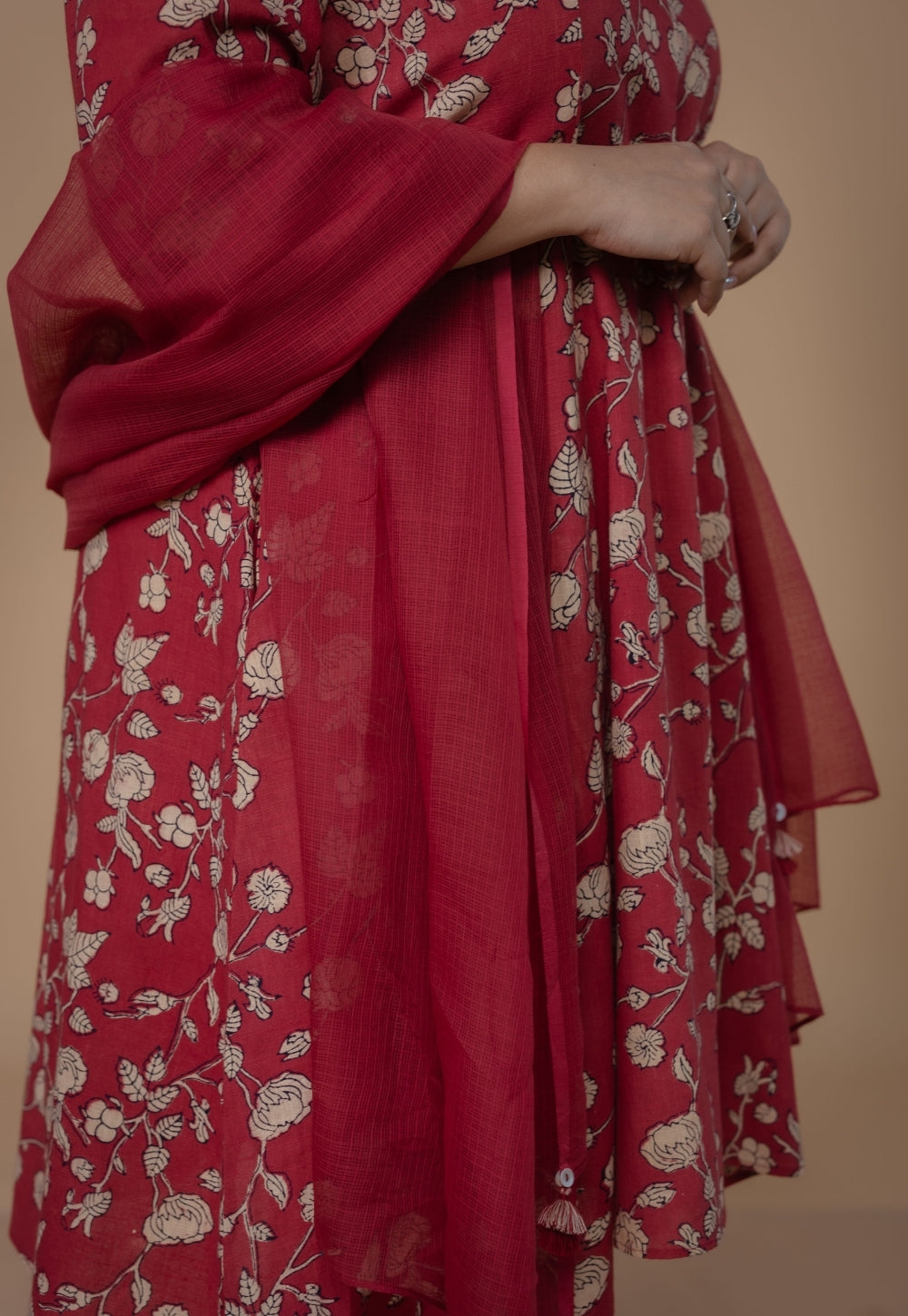 Red Solid Kota Doria Dupatta with Tassels