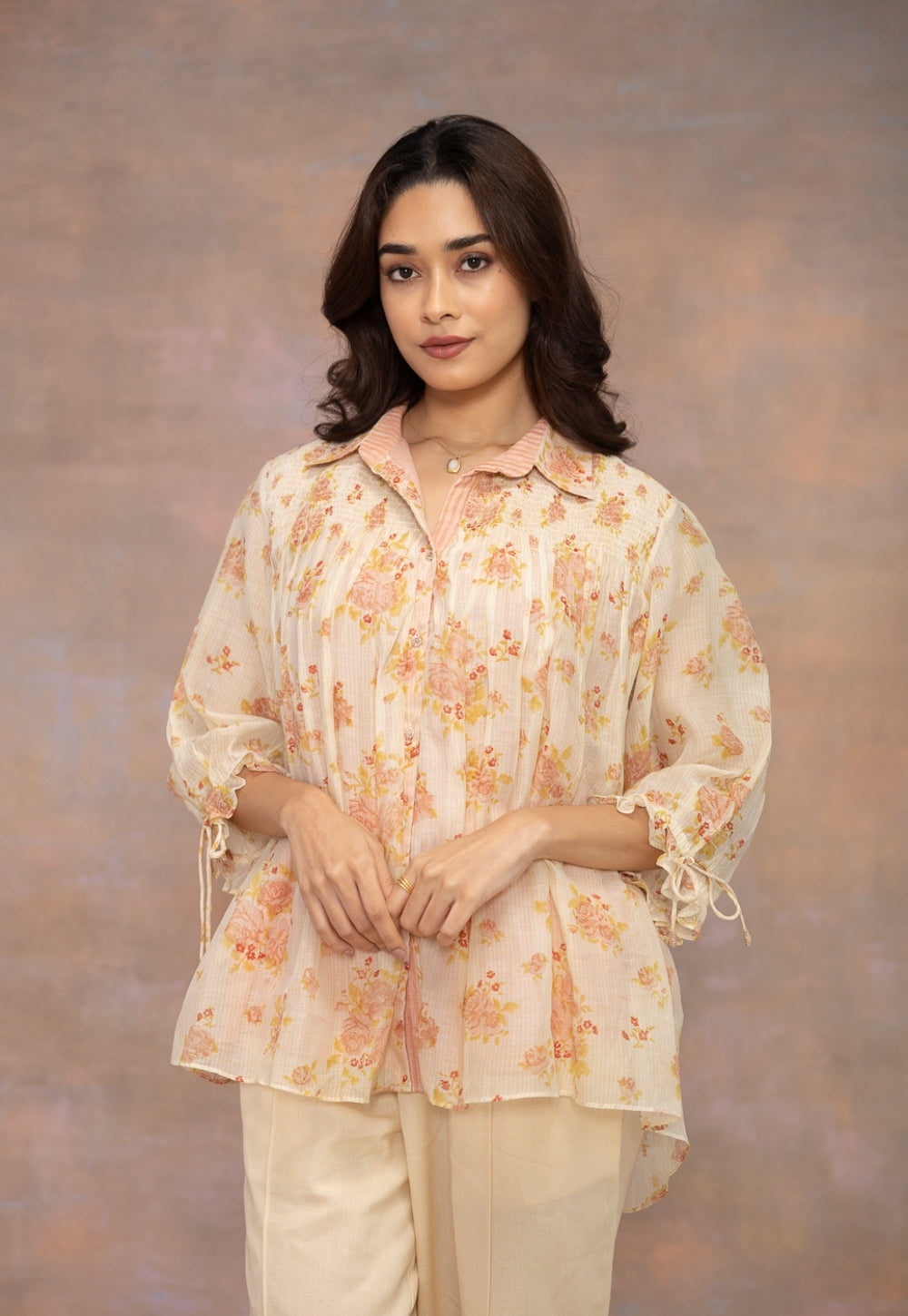 Rozgul Beige Sanganeri Chanderi Silk Straight Shot Top with Hand Embroidery
