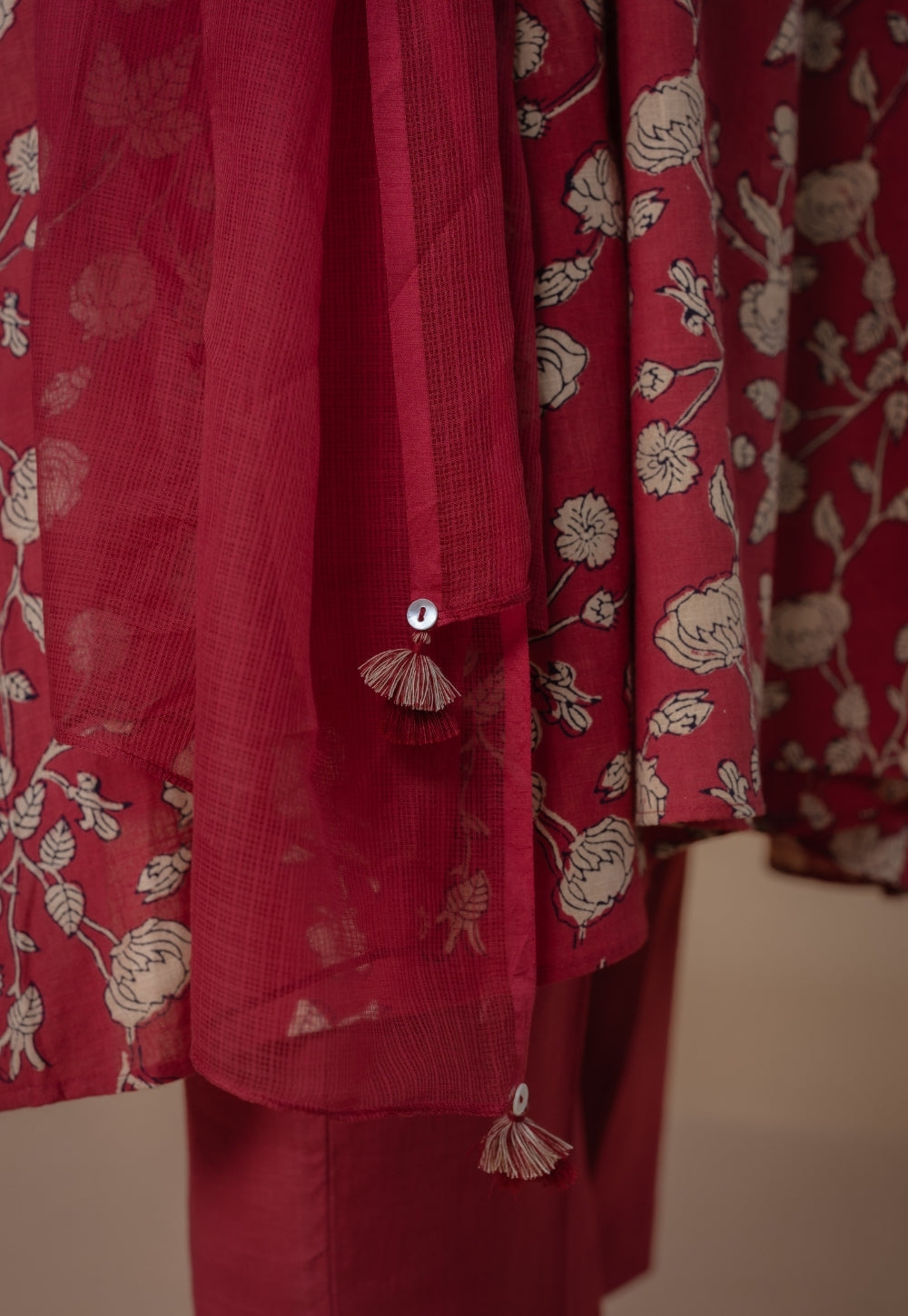 Red Solid Kota Doria Dupatta with Tassels