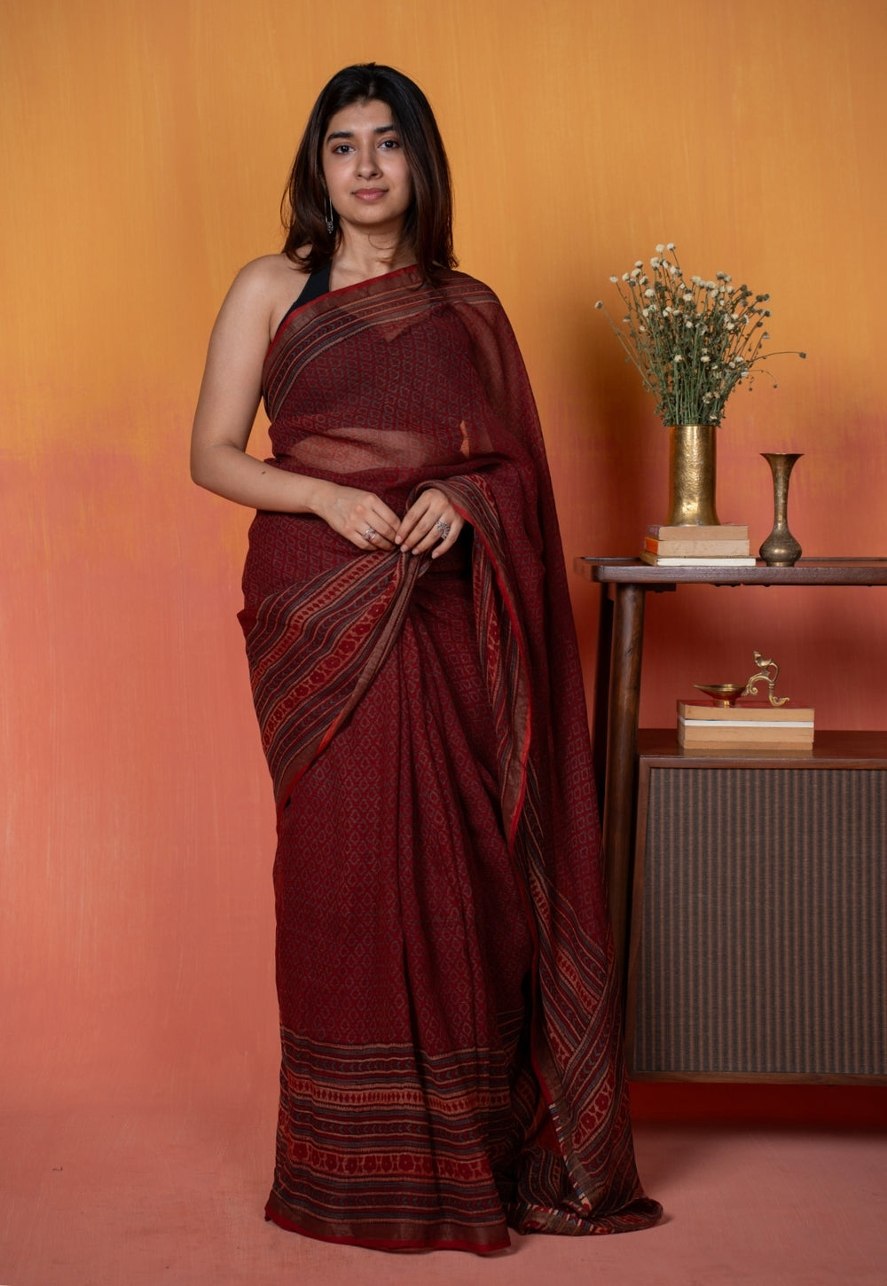 Red Geometric Ajrakh Hand Block Print Kota Doria Saree