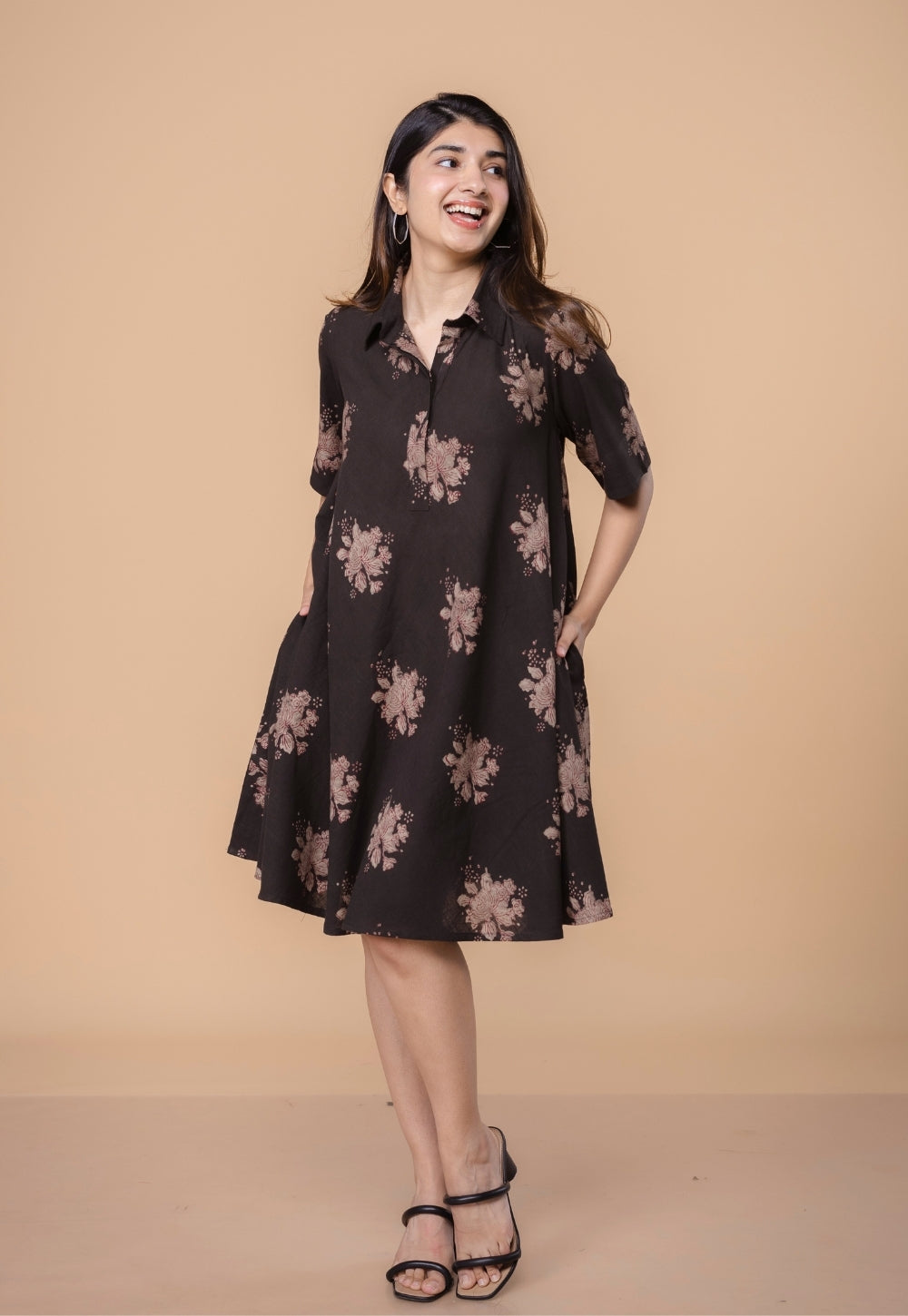 Srisha Brown Dabu Slub Cotton A Line Dress