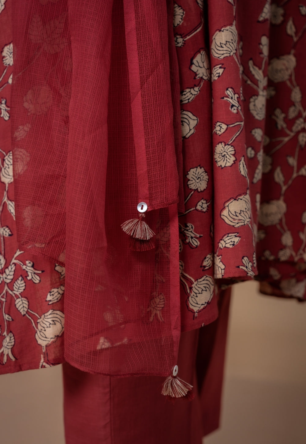Red Solid Kota Doria Dupatta with Tassels