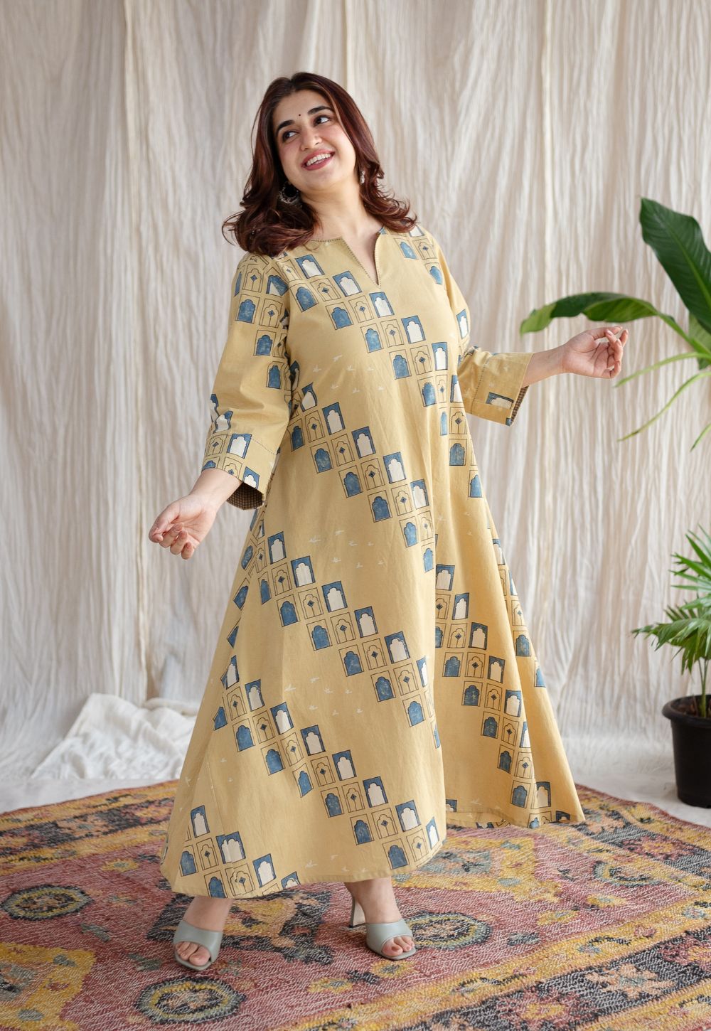 Jaipur Jharoka Ajrakh Cotton Hand Embroidered Kali Kurta