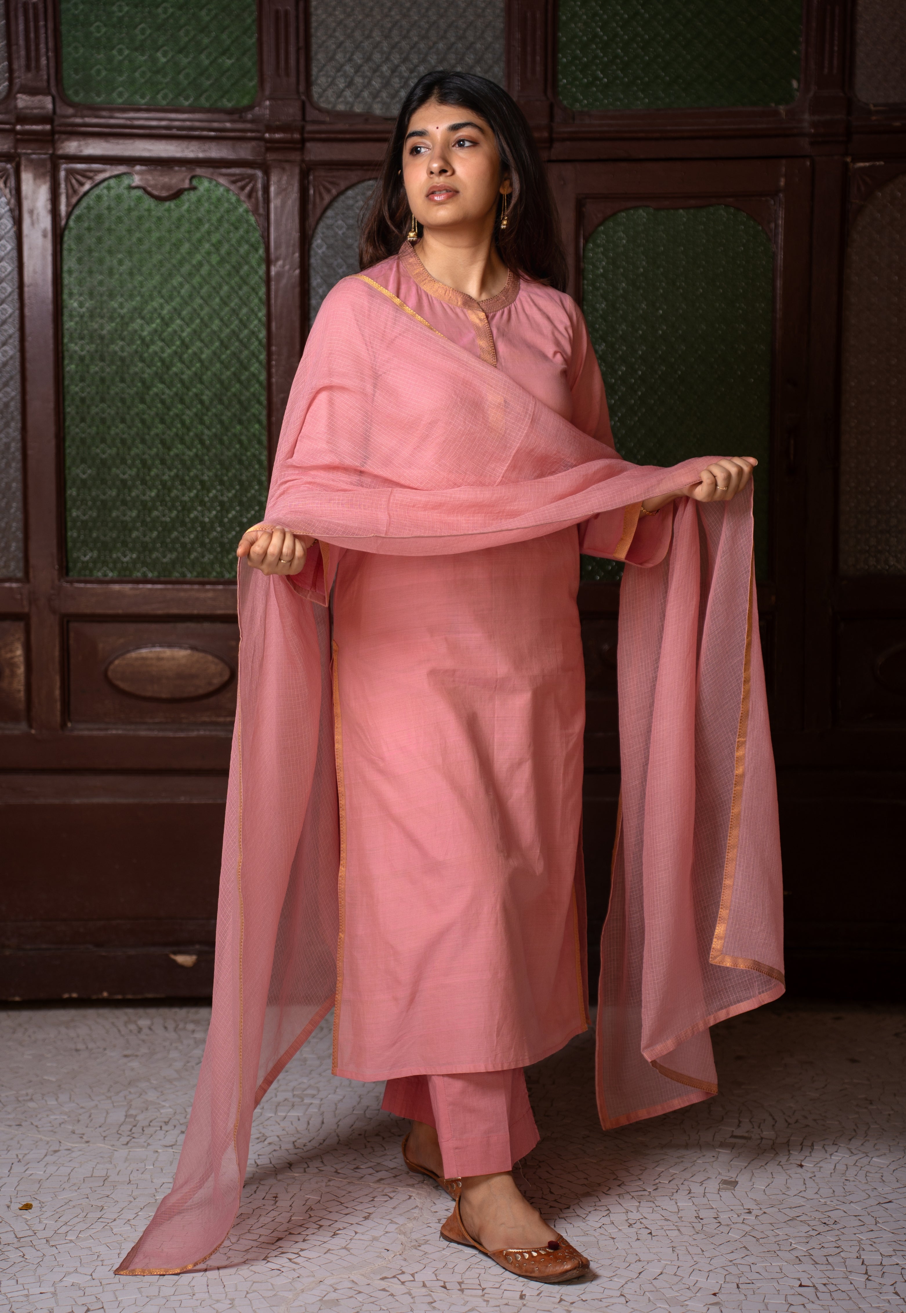 Aarini Pink Mangalgiri Cotton Straight Kurta with Nizam Border