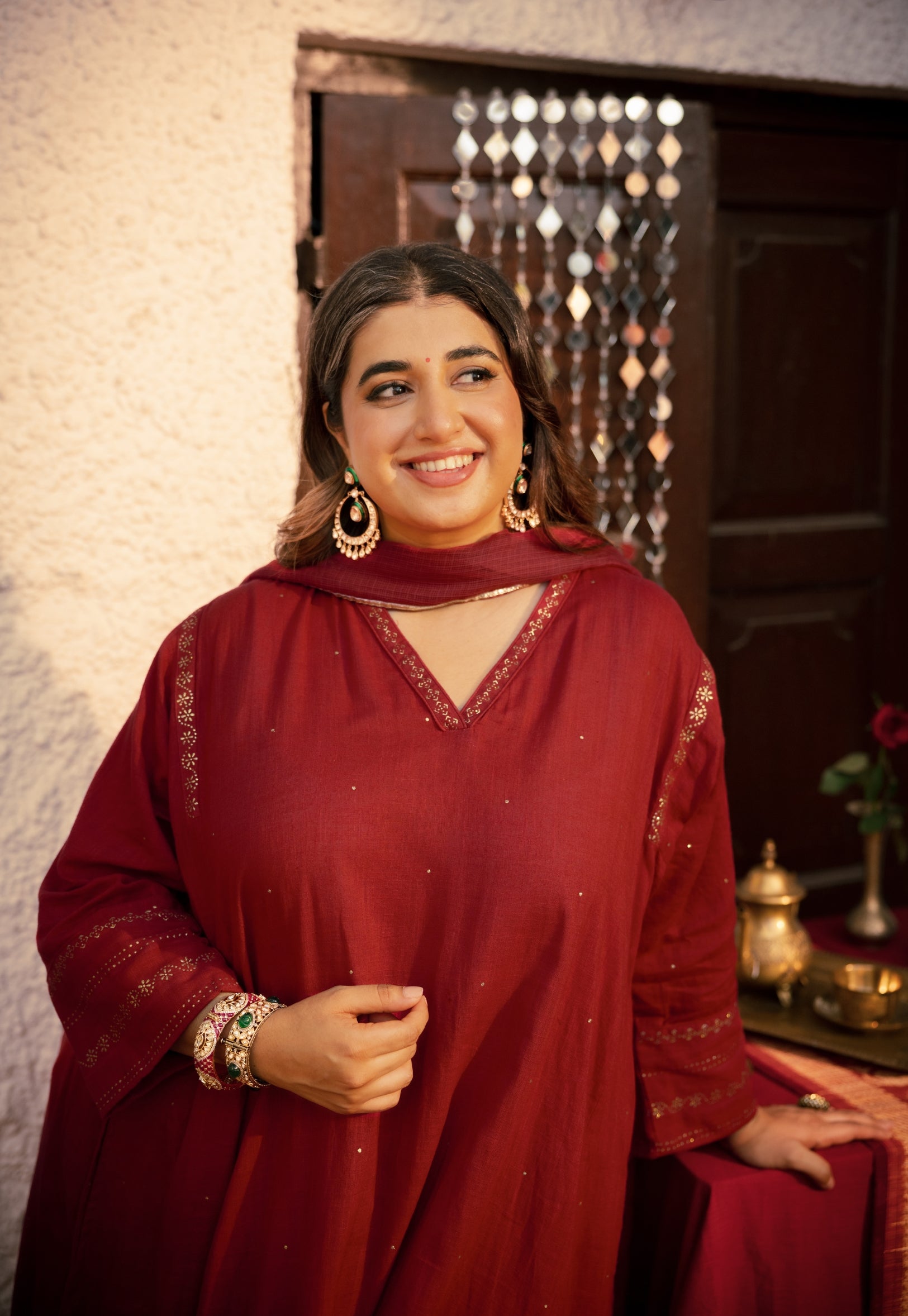 Iqra Red Rogan Handblock Printed Slub Cotton Suit Set (Set of 3)