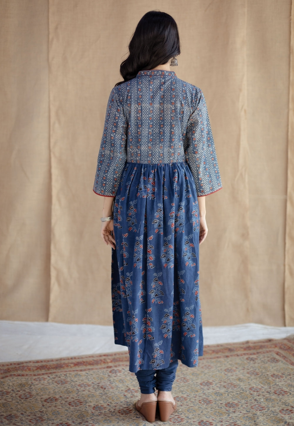 Kriti Indigo Ajrakh Cotton A Line Kurta with Hand Embroidery