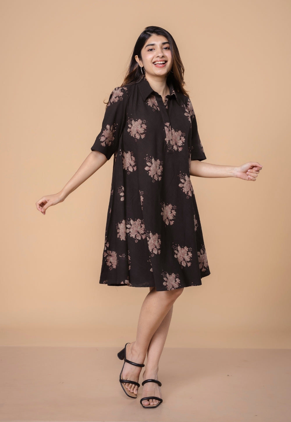 Srisha Brown Dabu Slub Cotton A Line Dress