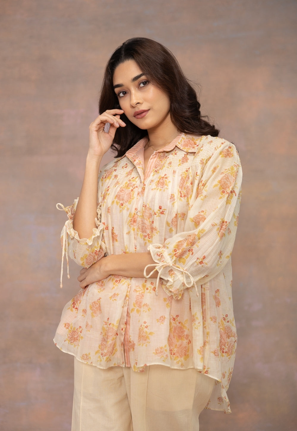 Rozgul Beige Sanganeri Chanderi Silk Straight Shot Top with Hand Embroidery