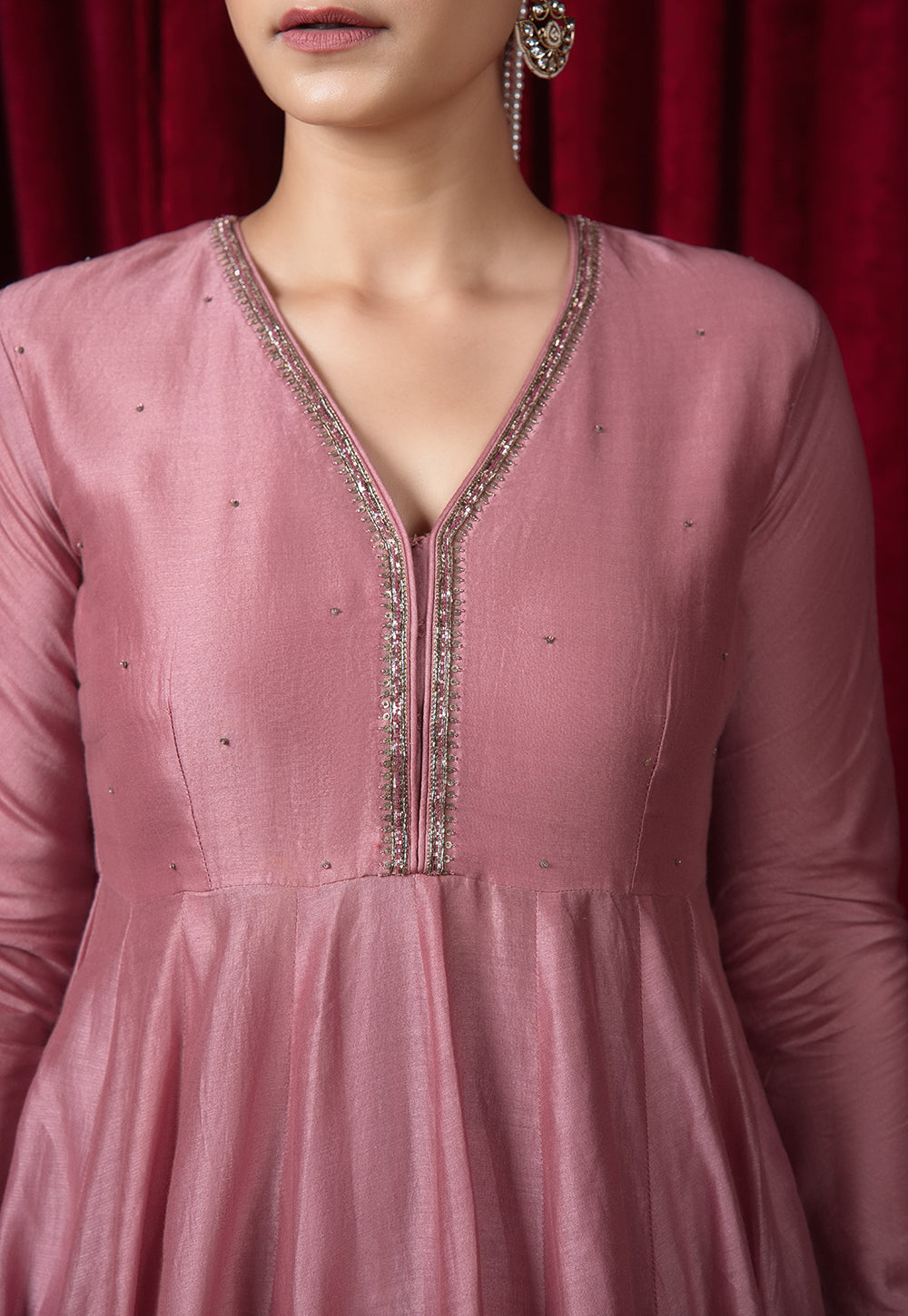 Husna Pink Solid Chanderi Silk Kali Kurta with Hand Embroidery